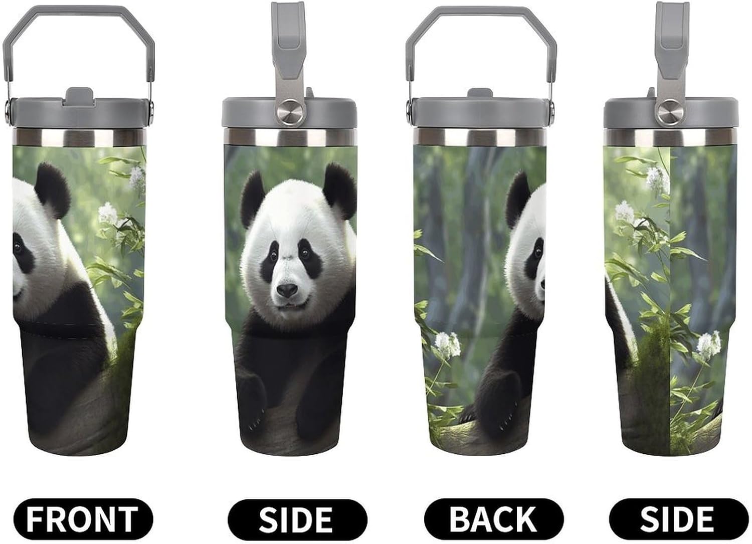 30oz Insulated Tumblers with Top Handle, Stainless Steel Panda Car Cup with Straw for Gift, Leak-Proof Double Wall Vacuum Travel Mug, Personalized Water Bottles White
