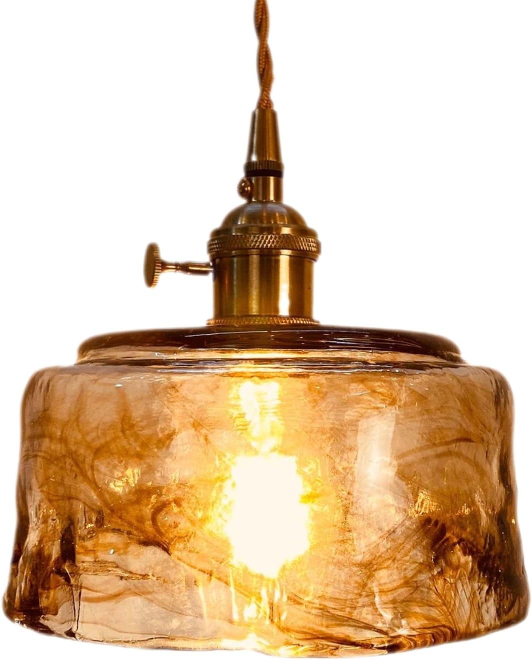 Vintage Amber Glass Pendant Light with Brass Gold Socket E26 Holder and Switch,Adjustable Cord Caramel Coffee Hanging Ceiling Lamp for Kitchen Island Dining Room Bedroom (B)