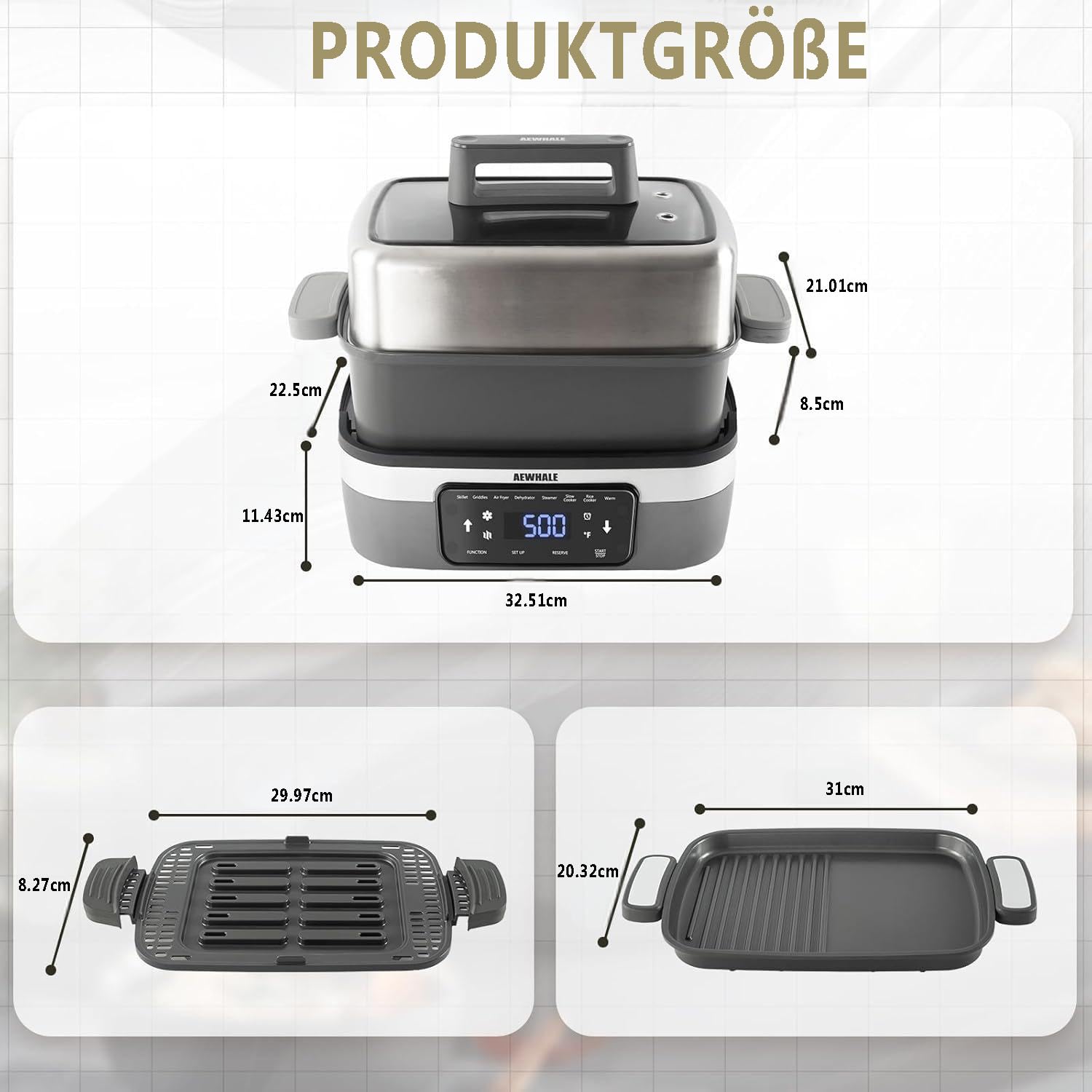 AEWHALE 8-in-1 Multikocher mit Air Fryer 4.25L, Reiskocher, Slow Cooker, Dampfgarer& Warmhaltefunktion|4 Zubehörteile | Antihaftbeschichtete, austauschbare Platten und Pfannen