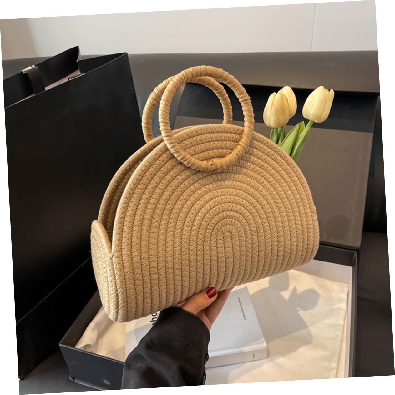 Abaodam Borsa in Corda di Cotone Intrecciata a Mano Texture Delicata, Capiente e Portatile, Stile Rustico per Picnic e Spiaggia Khaki