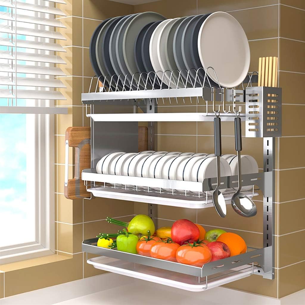TIANQIHAO Wall Mounted Stainless Steel Dish Drying Rack With Drain Pan, 2 Layer Kitchen Nizer, Heavy Duty Space Saving Rack For Efficient Drying And Storage,3 layer