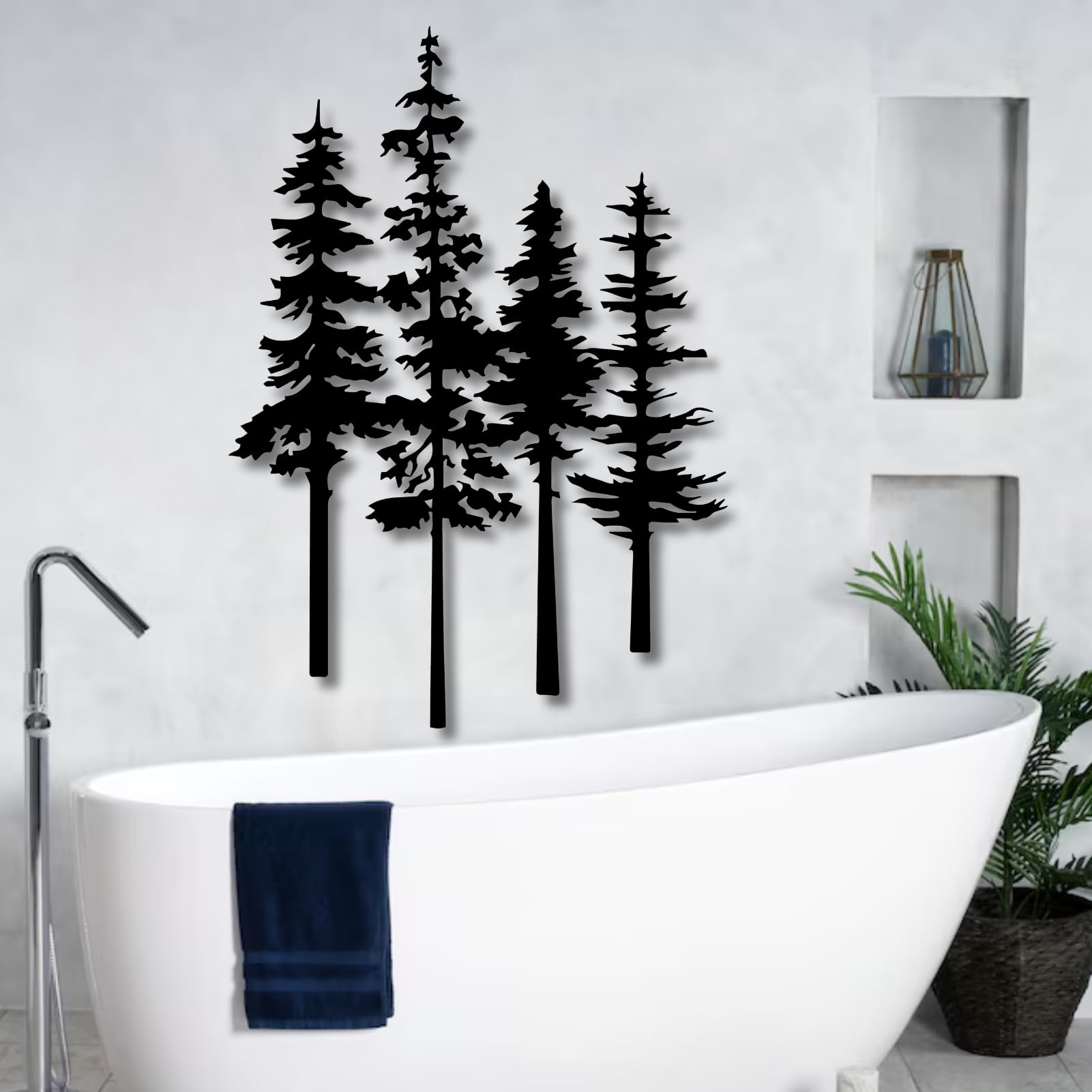 Décoration Murale en métal représentant Un pin Noir, Sculpture Moderne représentant Une forêt de pins, idéale pour Le Salon, la Chambre, Le Couloir et Les escaliers (Blanc, 89 cm x 64 cm).