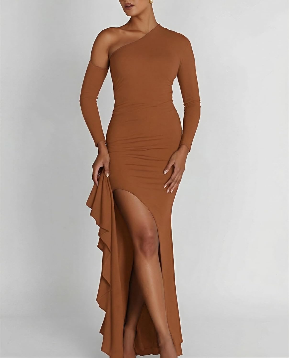 ENOPINK Women's One Shoulder Long Sleeve Formal Cocktail Wedding Guest Maxi Dresses Sexy High Slit Bodycon Evening Gowns - Image 4