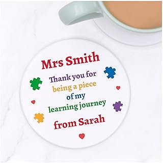 Personalised Thank You Teacher White Ceramic Coaster, Learning Journey Gift, Drinks Coaster Mat, Teacher Present, Teacher Assistant Gift, Nursery Worker Gift