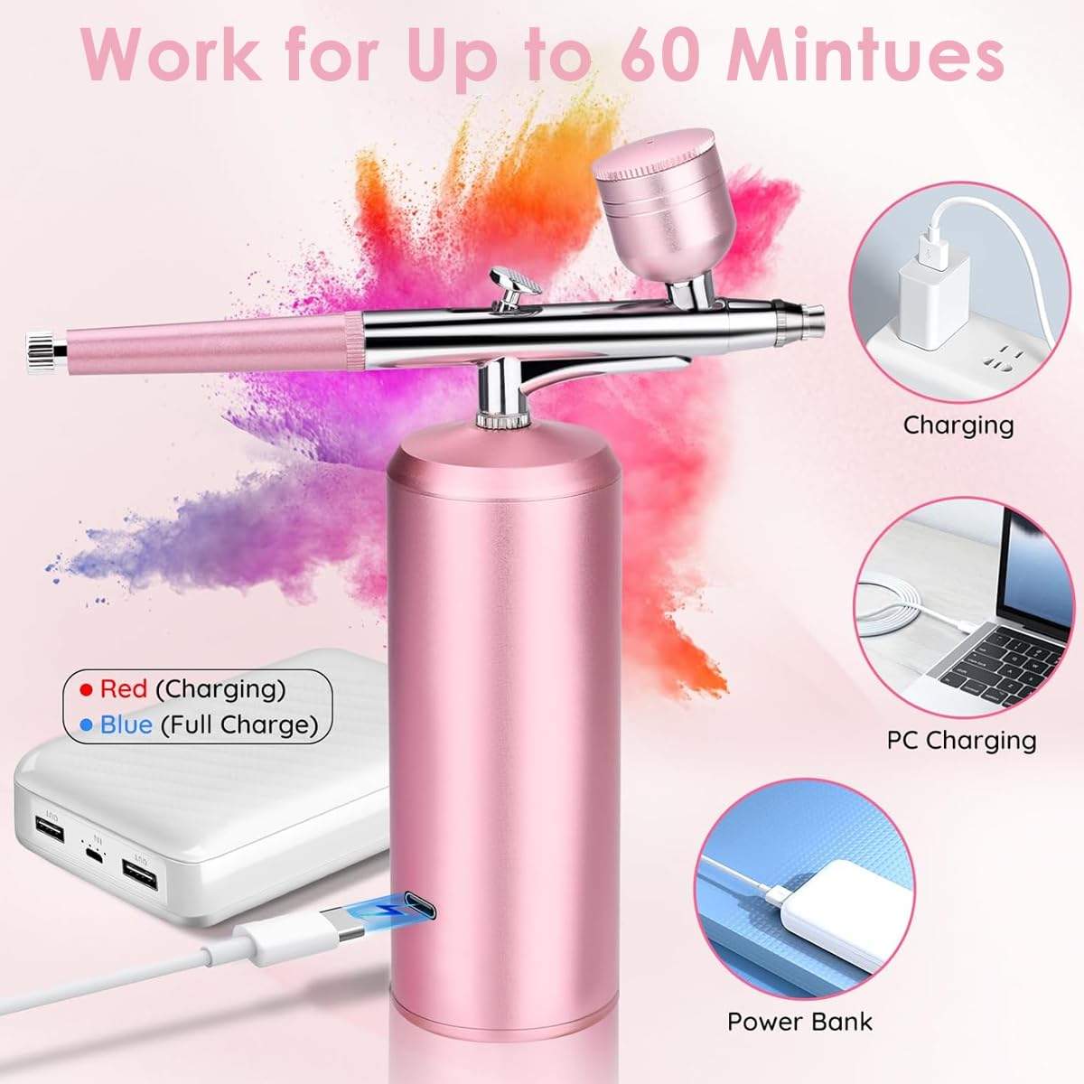 HANNEA® Cordless Airbrush Kit, Rechargeable LCD Airbrush Spray Gun with 3 Pressure Level, 0.3mm Nozzle, Portable Airbrush Compressor for Painting, Makeup, Nails, Model Craft, Pink 3