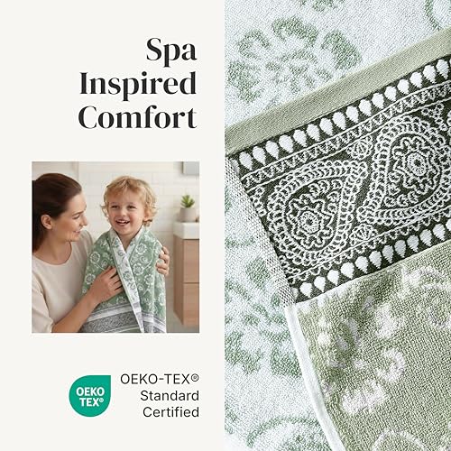 Image of Modern Threads 6 Piece Bath Towel Set - Bathroom Set with 2 Bath Towels, 2 Hand Towels, and 2 Wash Cloths - 100% Cotton, Super Absorbent & Extra Soft - Reversible Floral Trail (Sage Green)