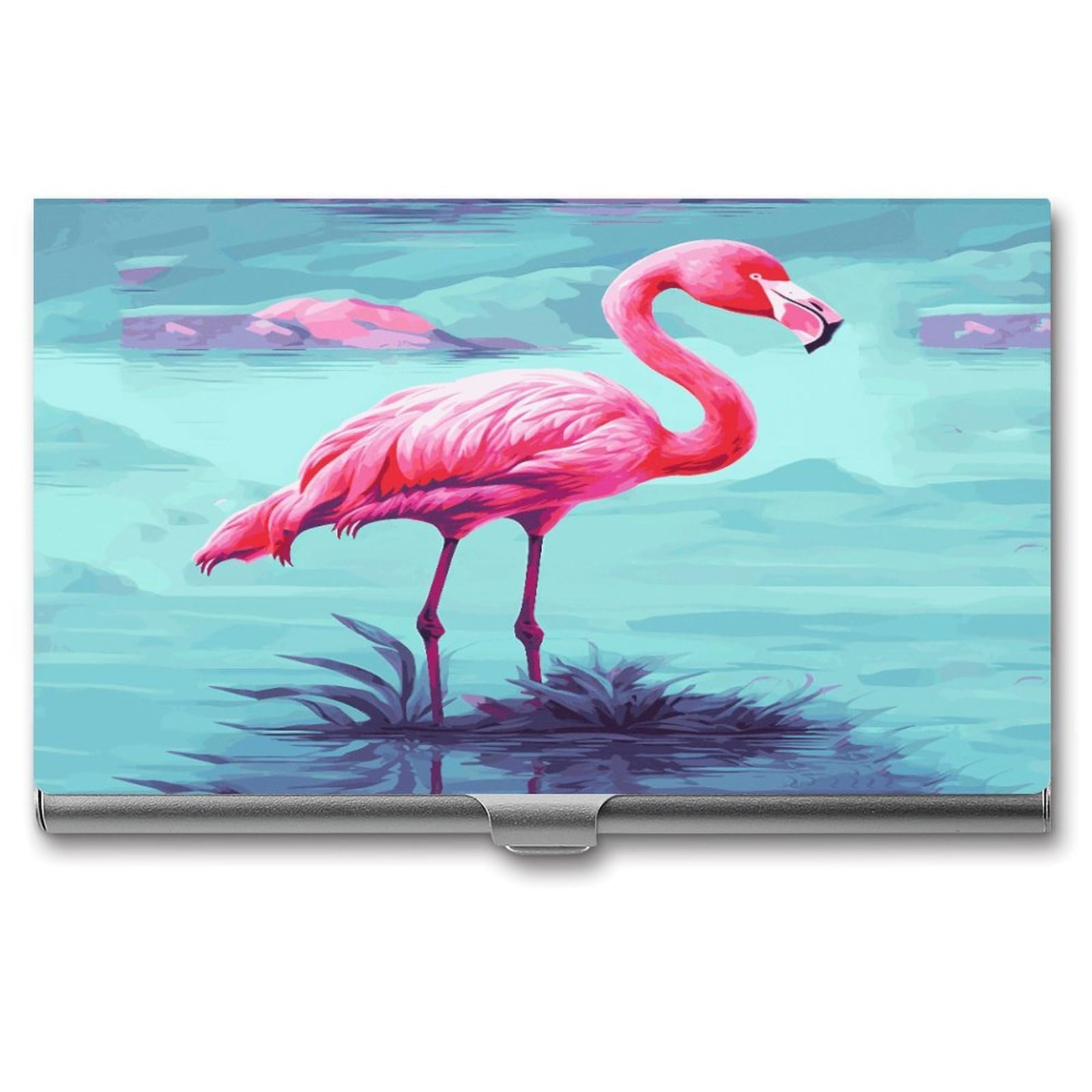 LDGSUPH Pink Flamingos Business Card Holder Fashion Slim Name Card Holder Minimalist Design Case Metal Card Carrier Personalized Business Card Case with Flip for Men Women