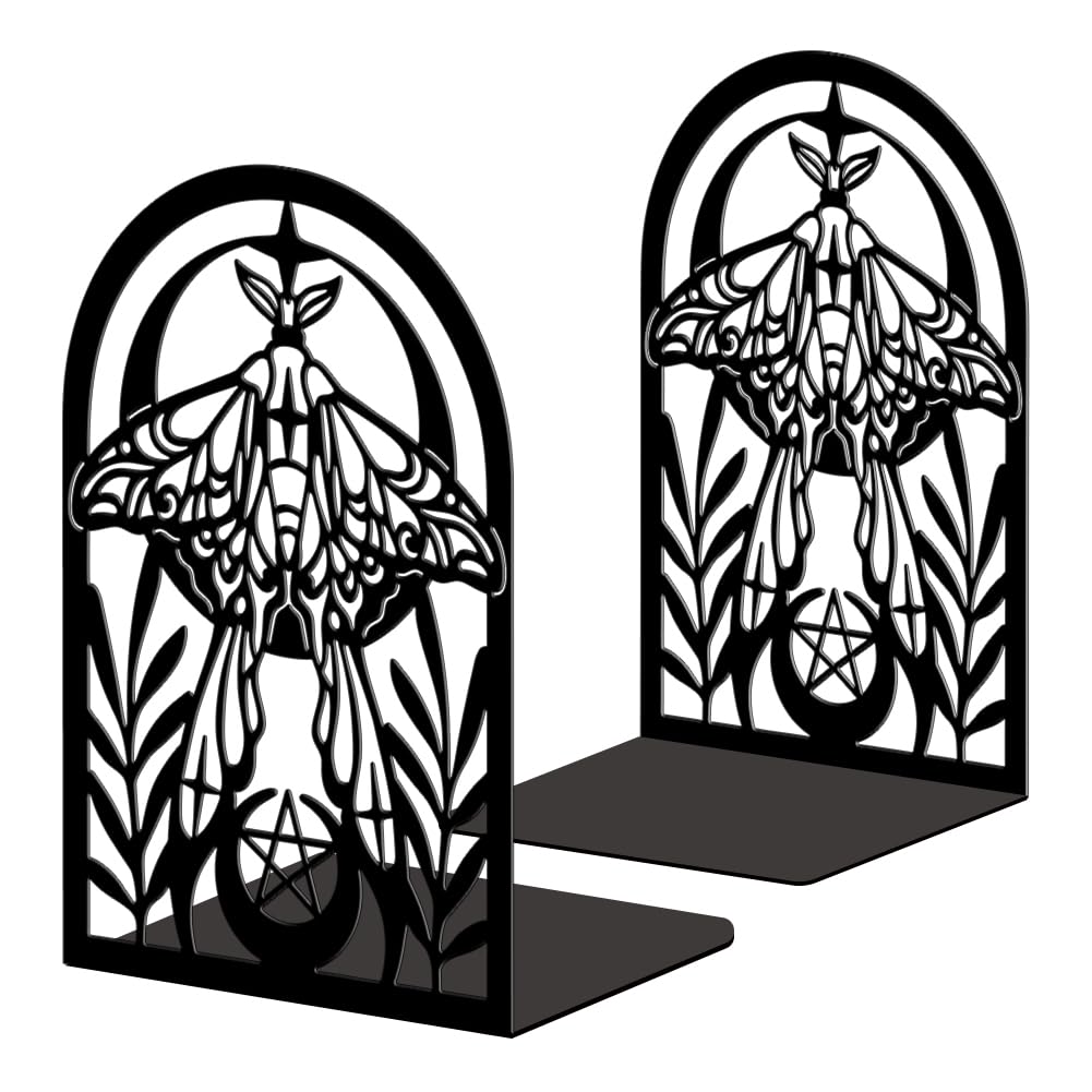 Peacoblue Metal Bookends for Shelves, Bohemian Moth with Moon Modern Decorative Heavy Duty Study Book Ends Stoppers for Office, Desk, Shelf, Room 5.3"x4.3"x7.9" Cast Iron Simple Tall Bookends 1 Pair