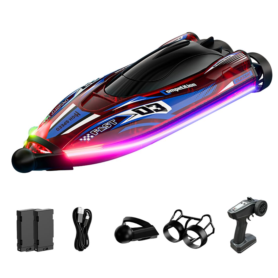 Mini-Hochgeschwindigkeits-RC-Boot mit zwei bürstenlosen Motoren für Erwachsene, wasserdicht und stoßfest, 2,4 GHz, mit farbigen LED-Leuchten und abnehmbarer Abdeckung für Pool und See – RTR