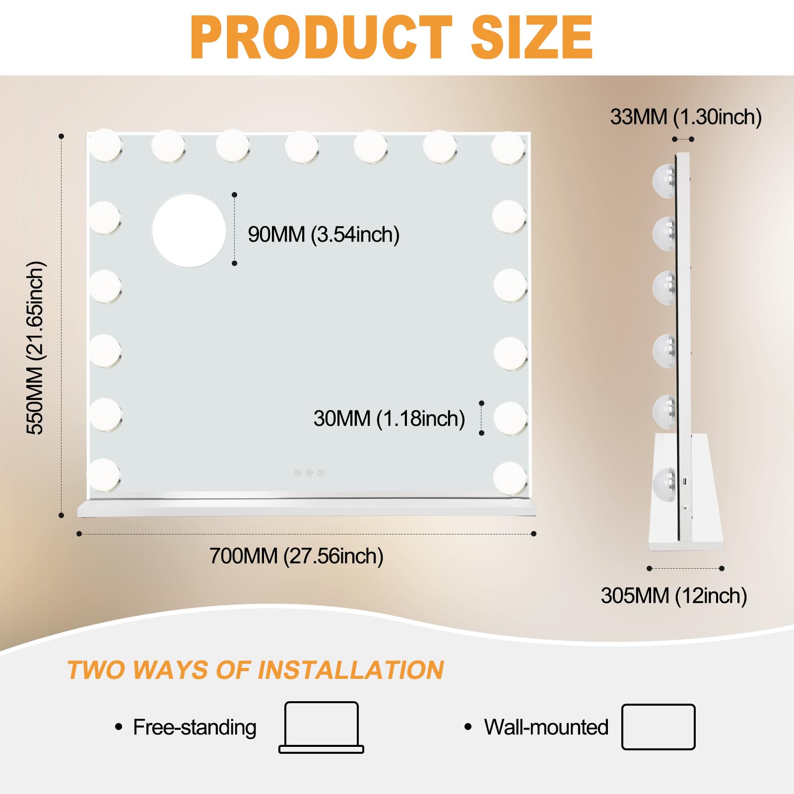 Schminkspiegel 70x55cm, Groß Hollywood Spiegel mit Beleuchtung 17 LED Licht Dimmbare 3 Lichtmodi, Tischspiegel, Wandspiegel, Touch Control