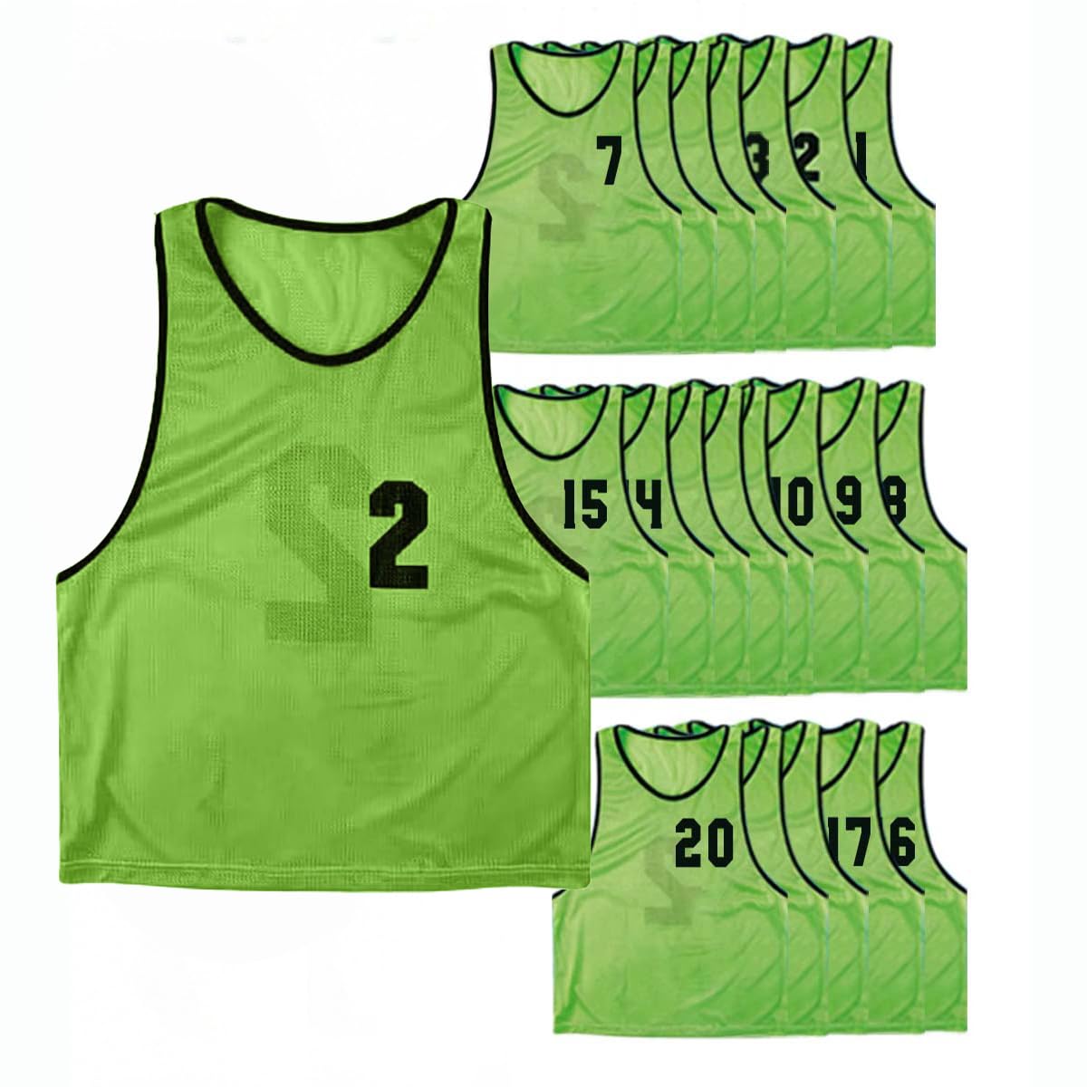 PEGANE Lot de 20 chasubles numérotées Recto-Verso de 1 à 20 de Taille Large, Gilet d'entrainement Couleur Vert