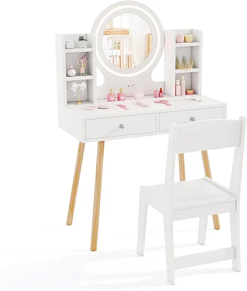 HONEY JOY Kids Vanity, Girls Vanity Set with Mirror and Stool and Lights, Drawers & Storage Shelves, Toddler Makeup Vanity Dressing Table, Pretend Play Kids Vanity Table and Chair Set (White)