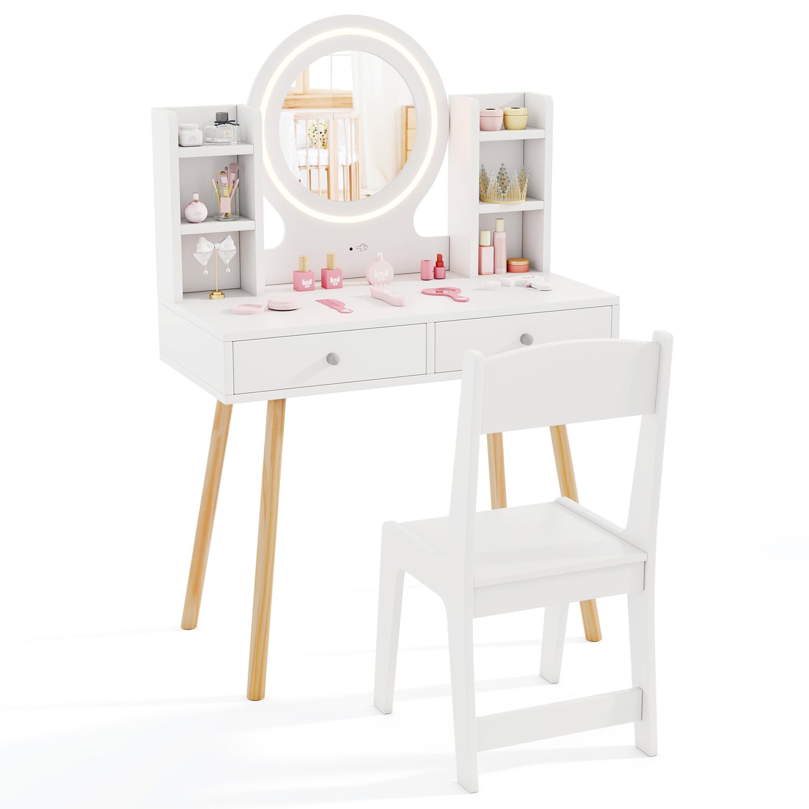 honey joy kids vanity girls vanity set with mirror and stool and lights drawers amp storage shelves toddler makeup vanity dressing table pretend play kids vanity table and chair set white