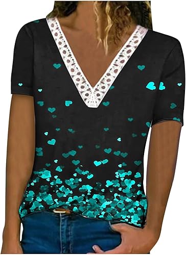 Lace V Neck T Shirts for Women Graphic Summer 2023 Tops Dressy Casual Short Sleeve Tees Loose Fit Plus Size Tunic