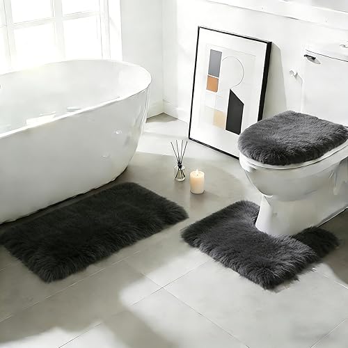 Miniatura 13 de RUN HELIX Juego de alfombras de baño negras de 3 piezas, alfombras de baño peludas, antideslizantes, absorbentes de agua, alfombras de baño suaves y