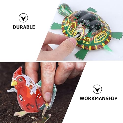 Miniatura 5 de Toyvian 4 piezas Vintage Tin Toys Clockwork Juguetes Metal Mecanismo Primavera Enrollar Metal Saltar Animal Gallo Tortuga Interesante (Estilo y