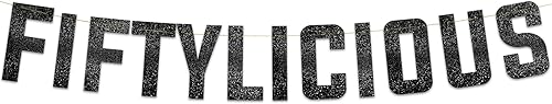 Fiftylicious - Cartel negro con purpurina para fiesta de cumpleaños número 50, decoraciones de aniversario de boda número 50, decoraciones de fiesta