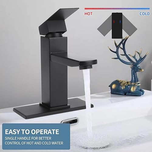 Miniatura 5 de Grifo de lavabo de baño de una sola manija, color negro mate, grifo de tocador de acero inoxidable para fregadero de baño con mangueras de