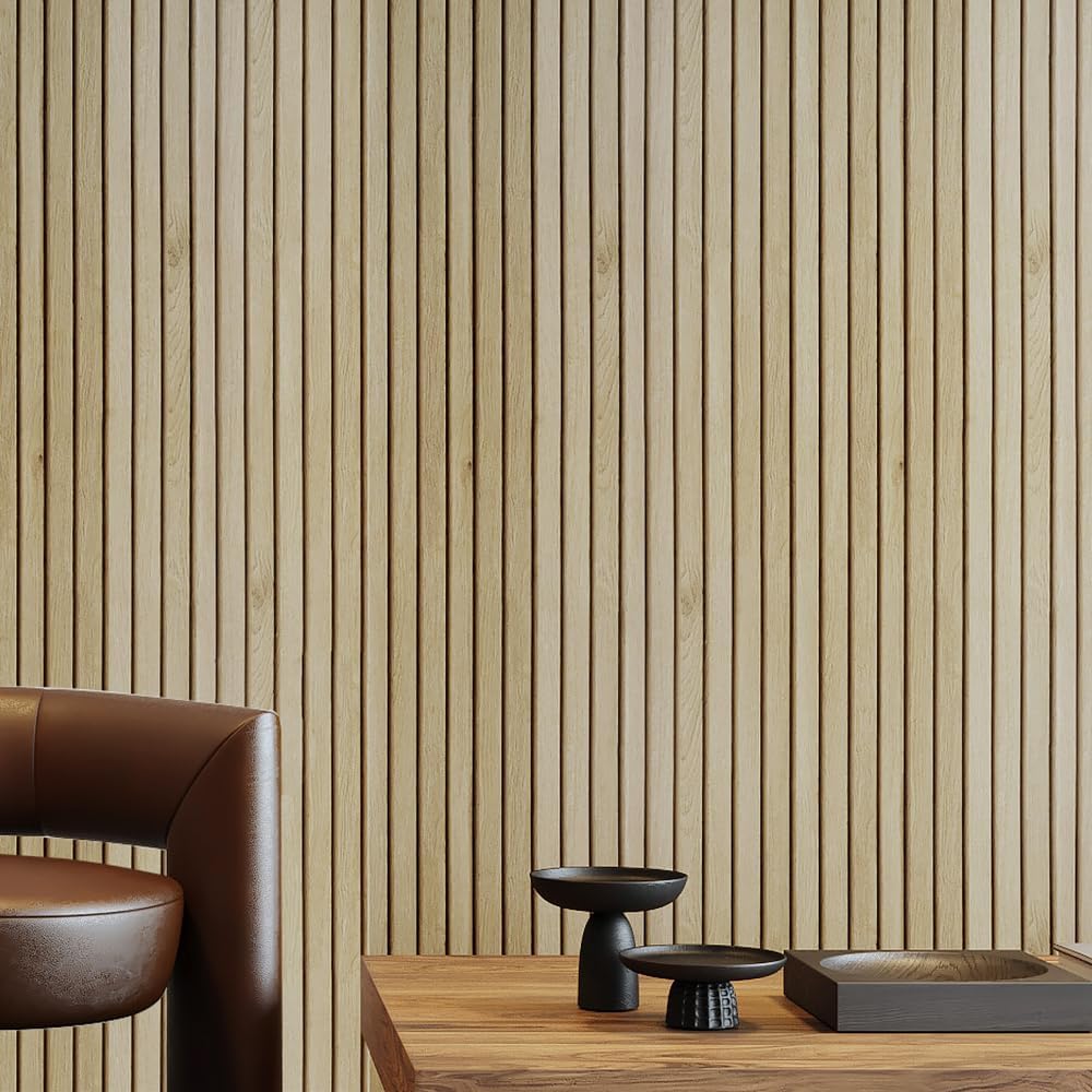LACHEERY 160x36 Inch Extra Wide Wood Slat Peel and Stick Wallpaper for Bedroom Accent Wallpaper Peel and Stick Contact Paper Wood Panel Striped Wall Paper Removable Wooden Slats Wall Countertop Vinyl