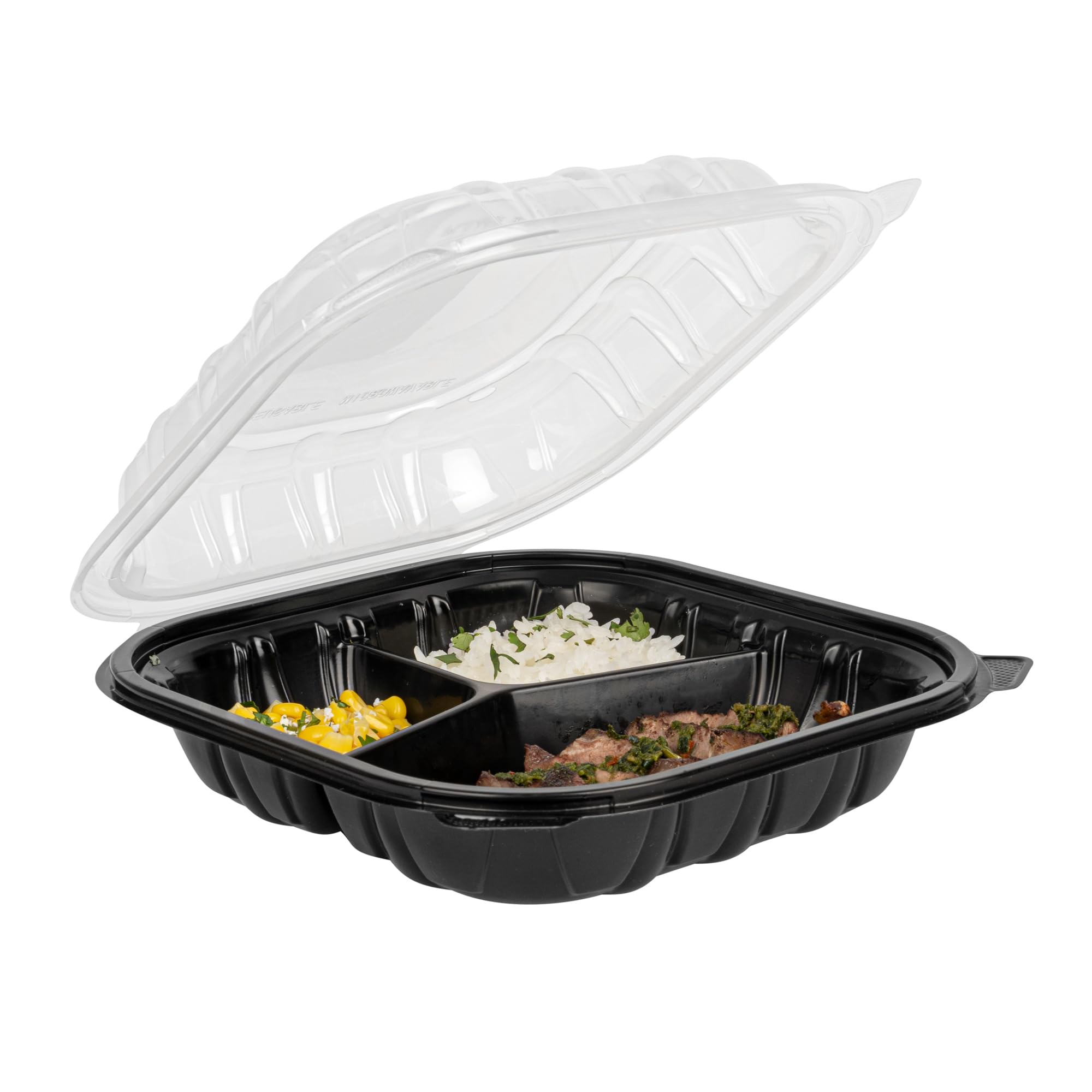 Restaurantware Thermo Tek pojemniki z klapką, 50 jednorazowych pudełek na wynos – 3 przegrody, wentylowane pokrywki, czarne plastikowe pojemniki do przygotowywania posiłków, nadają się do kuchenki