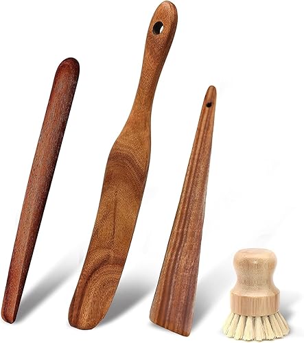 Juego de 4 espátulas de madera, juego de espátulas de madera para cocinar, agitar, mezclar, servir, juego de utensilios de cocina antiadherentes