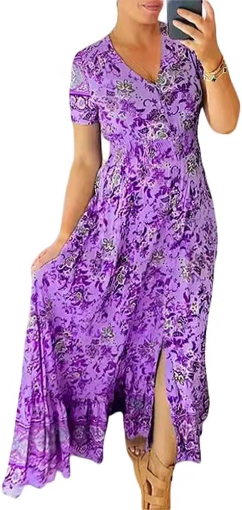 Zhyaj Womens V-Neck Midi Dress Plus Size Bohemian Printed High Waist Long Dress Lightweight Flowy Fashion Dresses