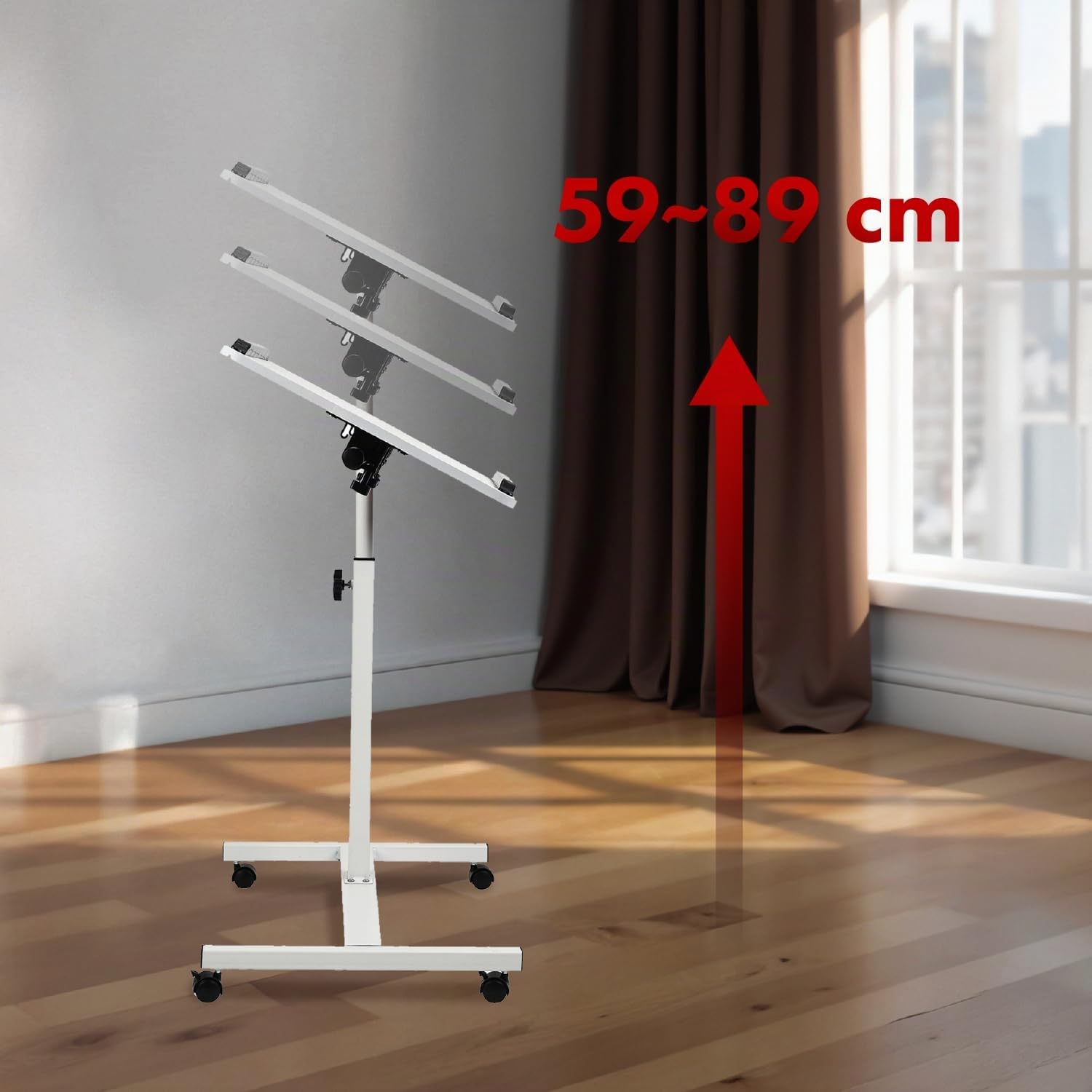 Maclean Mesa Portátil | Altura Ajustable de 59 a 89 cm | Tablero Doble Inclinable hasta 90° | Ruedas con Freno | Capacidad de Carga hasta 30 kg | Mesa Ergonómica para Ordenador (Blanco)