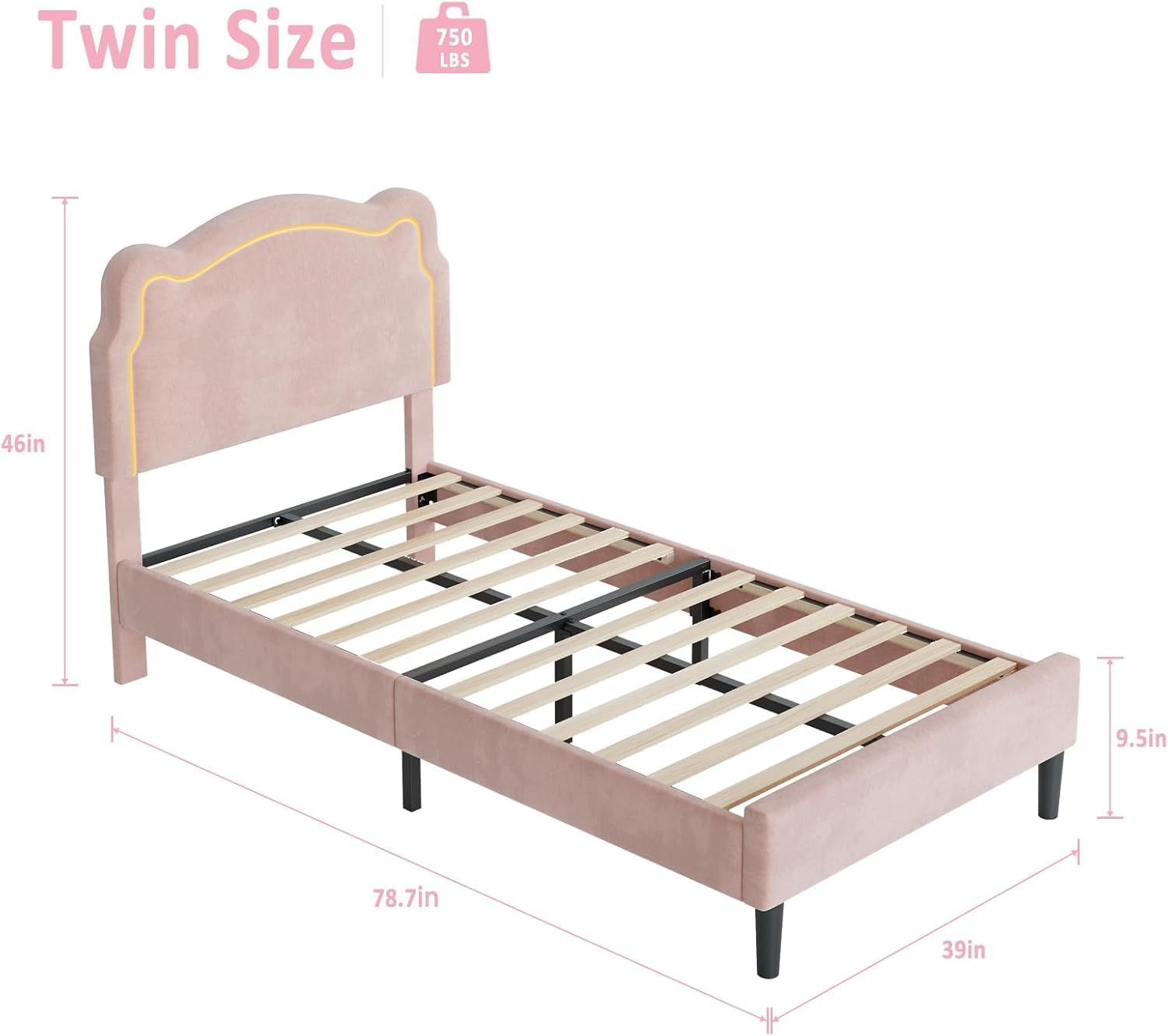 Diagram showing the dimensions of the GAOMON Twin Bed Frame: 46 inches high, 78.7 inches long, 39 inches wide, and 9.5 inches from floor to frame.