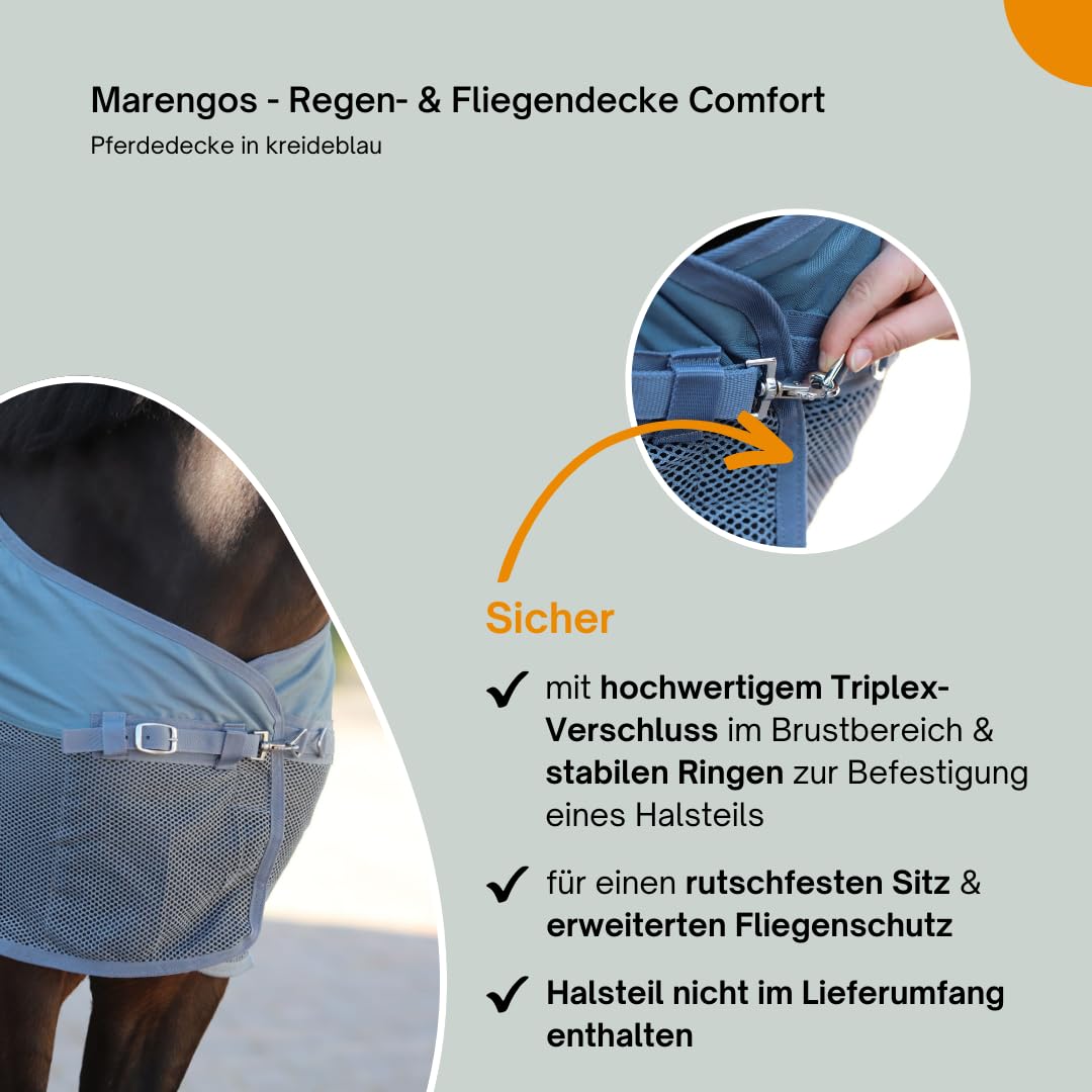 Marengos - Regen- & Fliegendecke Comfort – Pferdedecke mit Mesh, Kreuzgurten, Triplex-Verschluss & Ringe für Halsteil – reißfeste Regendecke – Outdoordecke f. Pferde – Kreideblau – 135cm | Pferdedecke mit Mesh, Kreuzgurten, Triplex-Verschluss & Ringe für