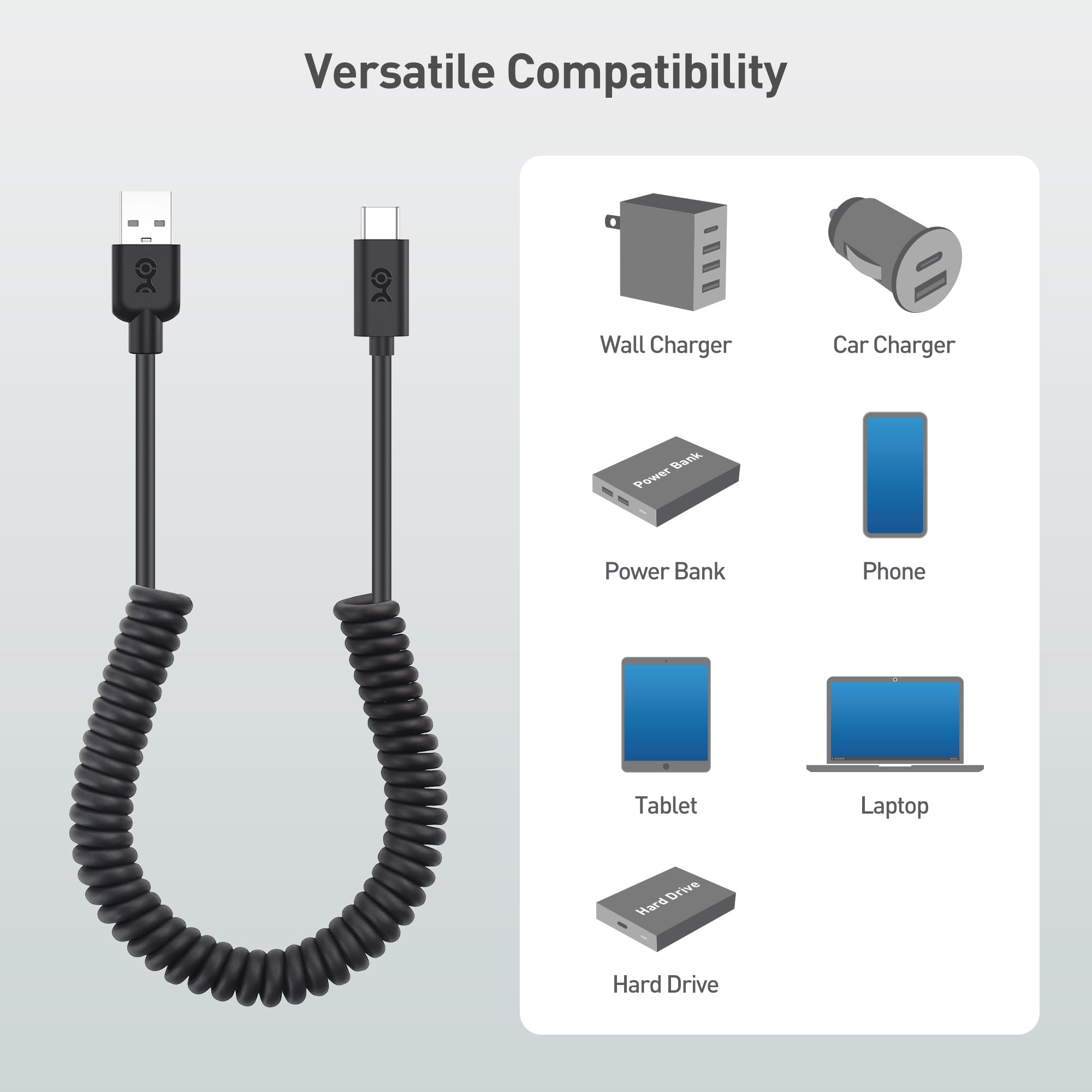 Cable Matters Spiralny Kabel USB-A do USB-C 15 W, 0,3–1,2 m | Obsługuje Apple CarPlay i Android Auto, do iPhone 17/16, Galaxy S23 i iPada