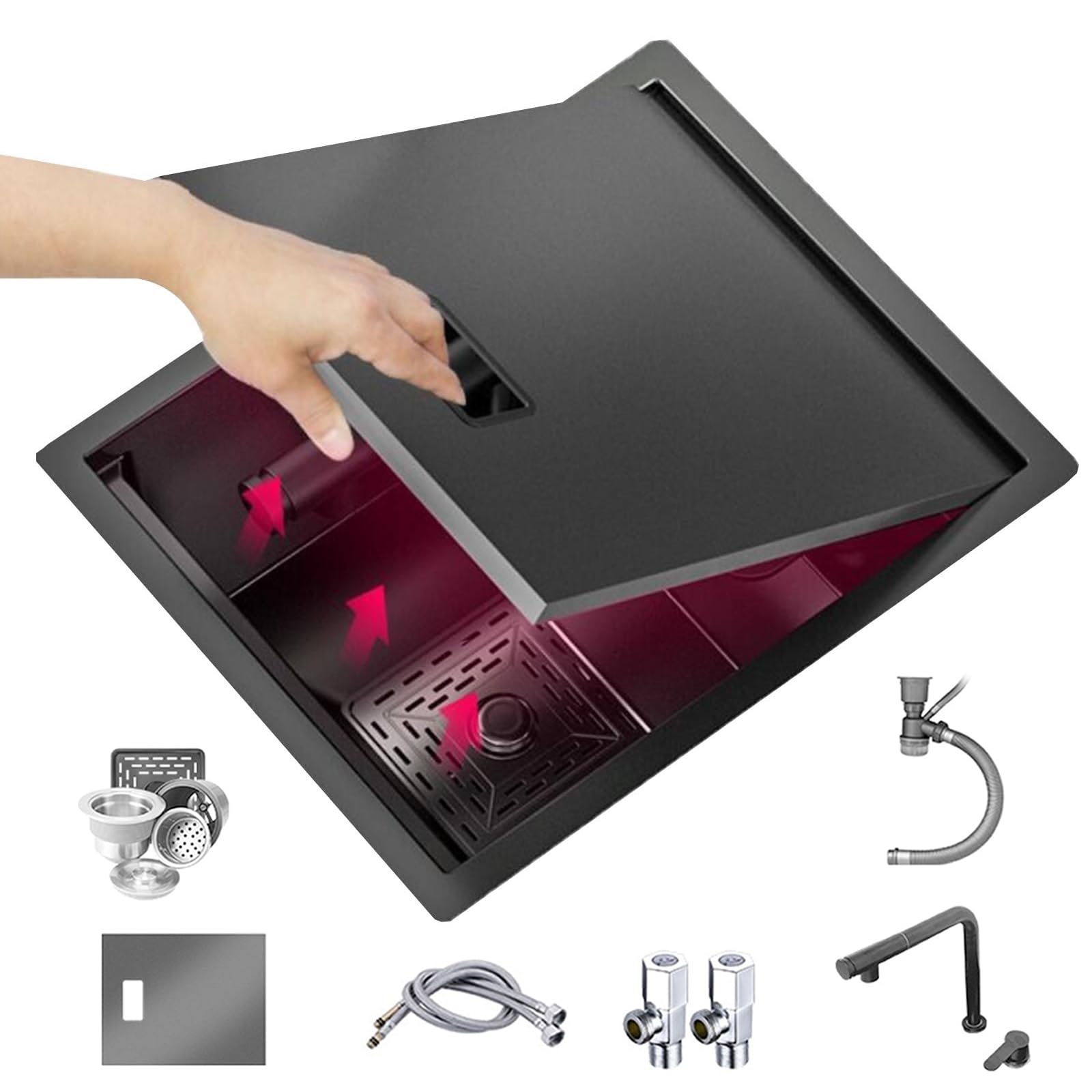 CZYWKDDPP Invisible Sink with Pull-Out Lifting Faucet Cover RV Studio Outdoor Bar Kitchen Stainless Steel Concealed Vegetable Washbasin(32 * 39 22cm)