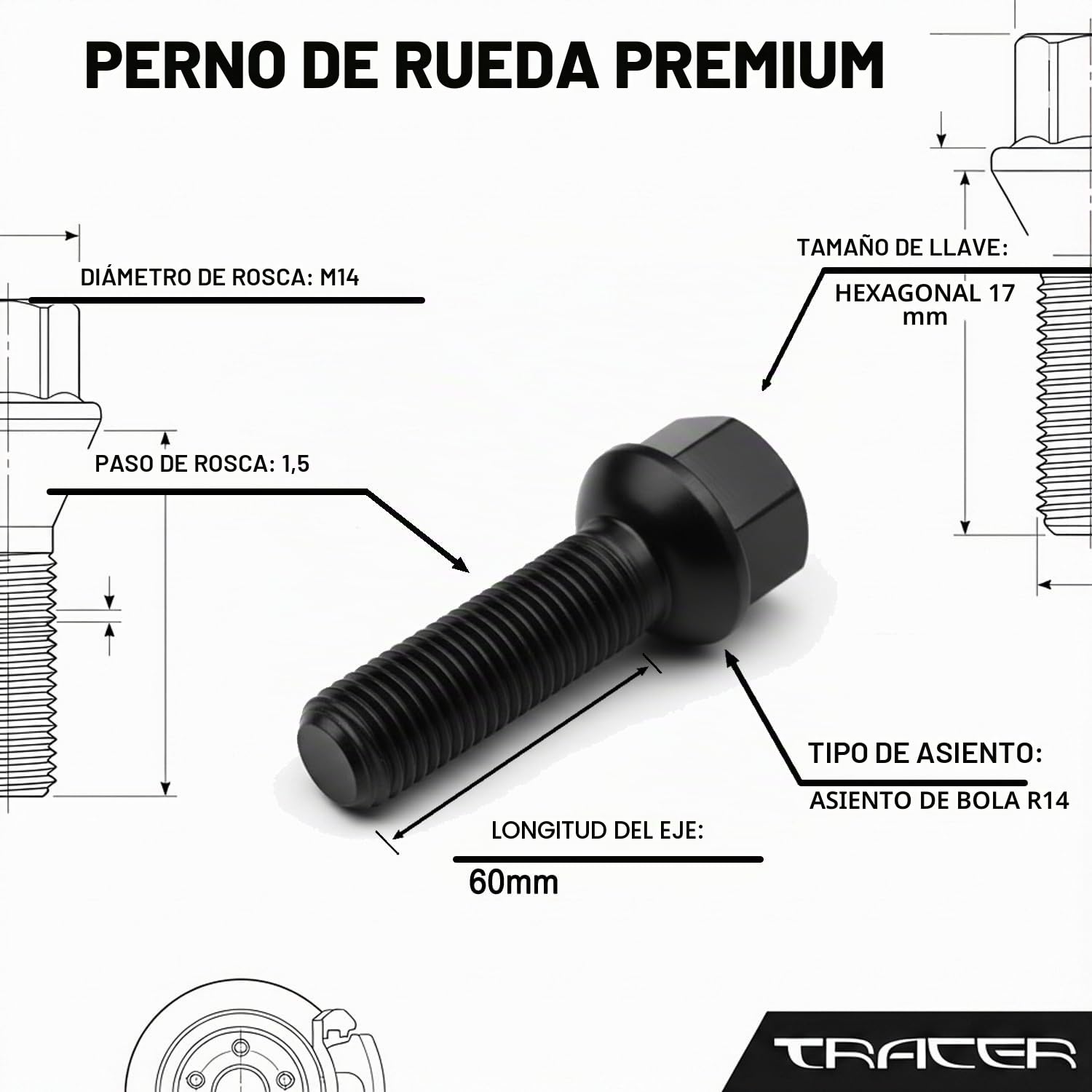 TRACER 20 tornillos de rueda negro R14 M14 x 1,5 60 mm compatible con Volkswagen, Porsche, Audi, Mercedes