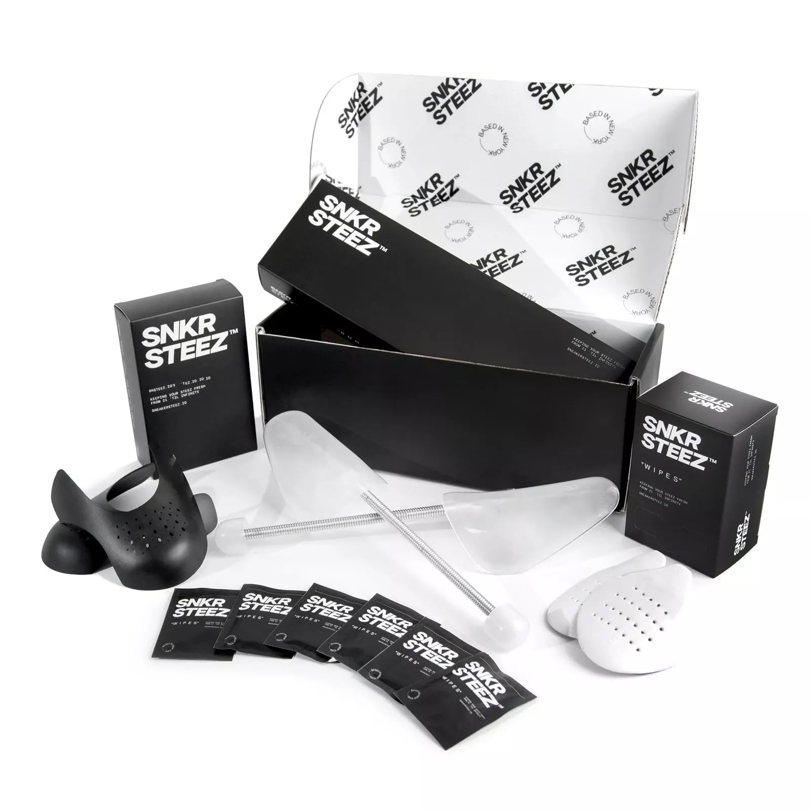 SneakerSoul Shoe Care Premium Bundle (Fits Sizes 7-14 Mens US) - 2x Crease Protectors, Shoe Tree, and 30x Cleaning Wipes - The Ultimate Sneakerhead