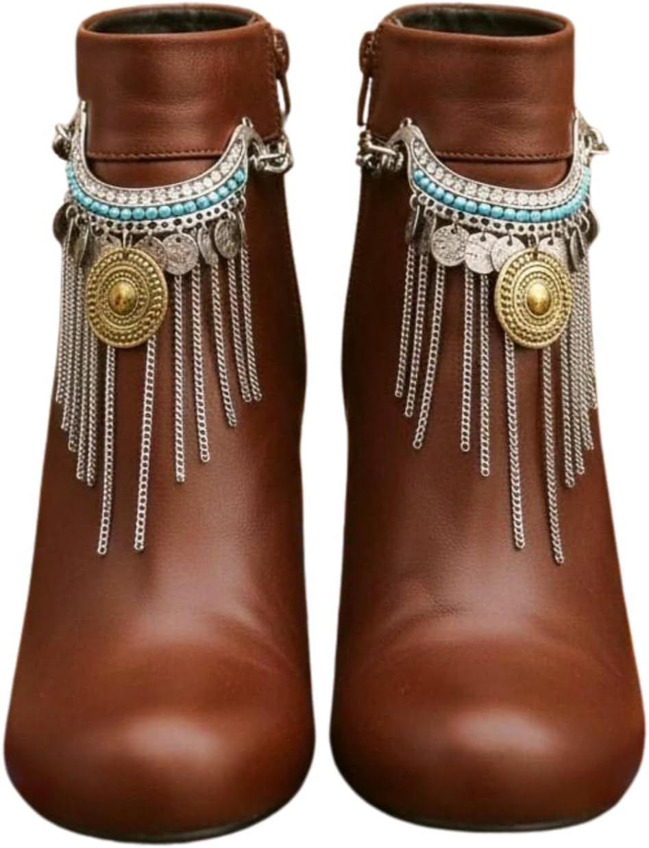 Women’s Boot Chain Anklets, 2 Pcs Silver Ethnic Fringe Charms Turquoise Beads & Antique Coin, Adjustable Size Western Cowgirl Shoe Bracelet, Boot Jewelry USA (BC23)