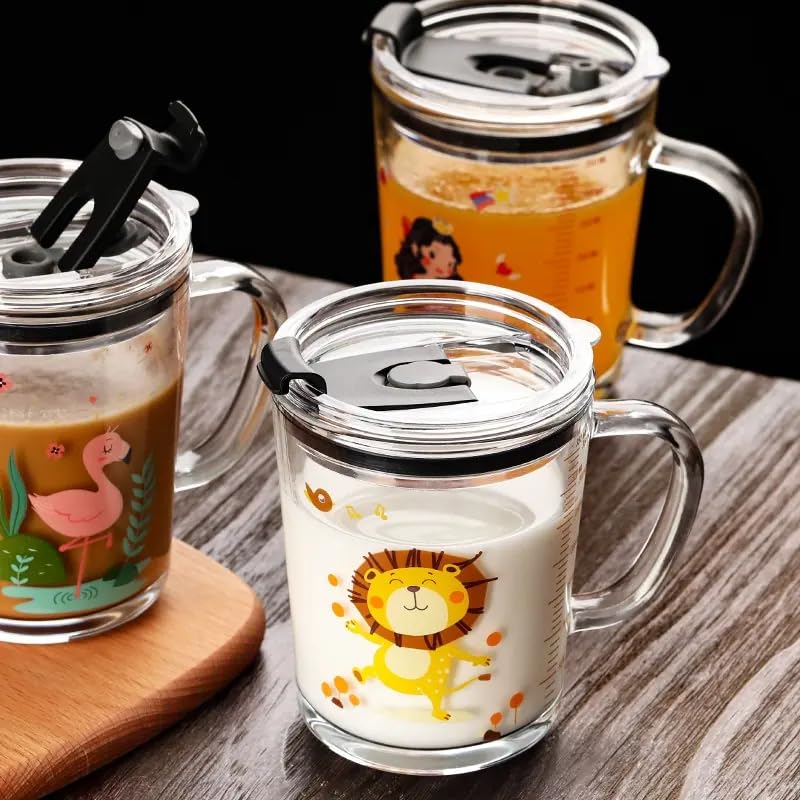 Image of ANKUL Leakproof Random Design Set of 2 Glass Measuring Drinking Mug 350 ml with Handle and Clear Lid with Silicone Straw for Girls & Boys Multiple Usage (2, Kid Mug)