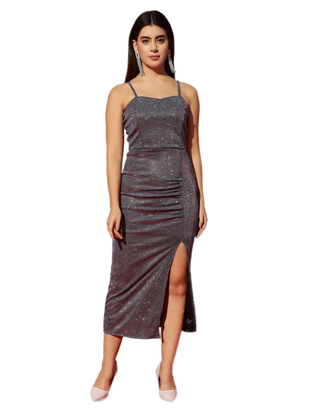 vaararo Lycra Sleeveless Party Dress for Women | Bodycon Shimmery Spaghetti Strap Outfit-picture-12
