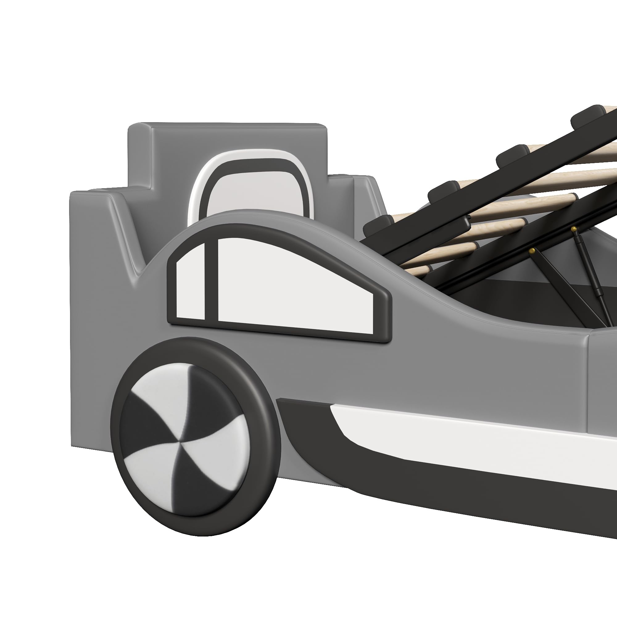 Azkoeesy Cama Coche Tapizada Infantil 90x200 cm, con Somier y Almacenamiento, Barandilla de Protección, Tejido PU, Color Gris