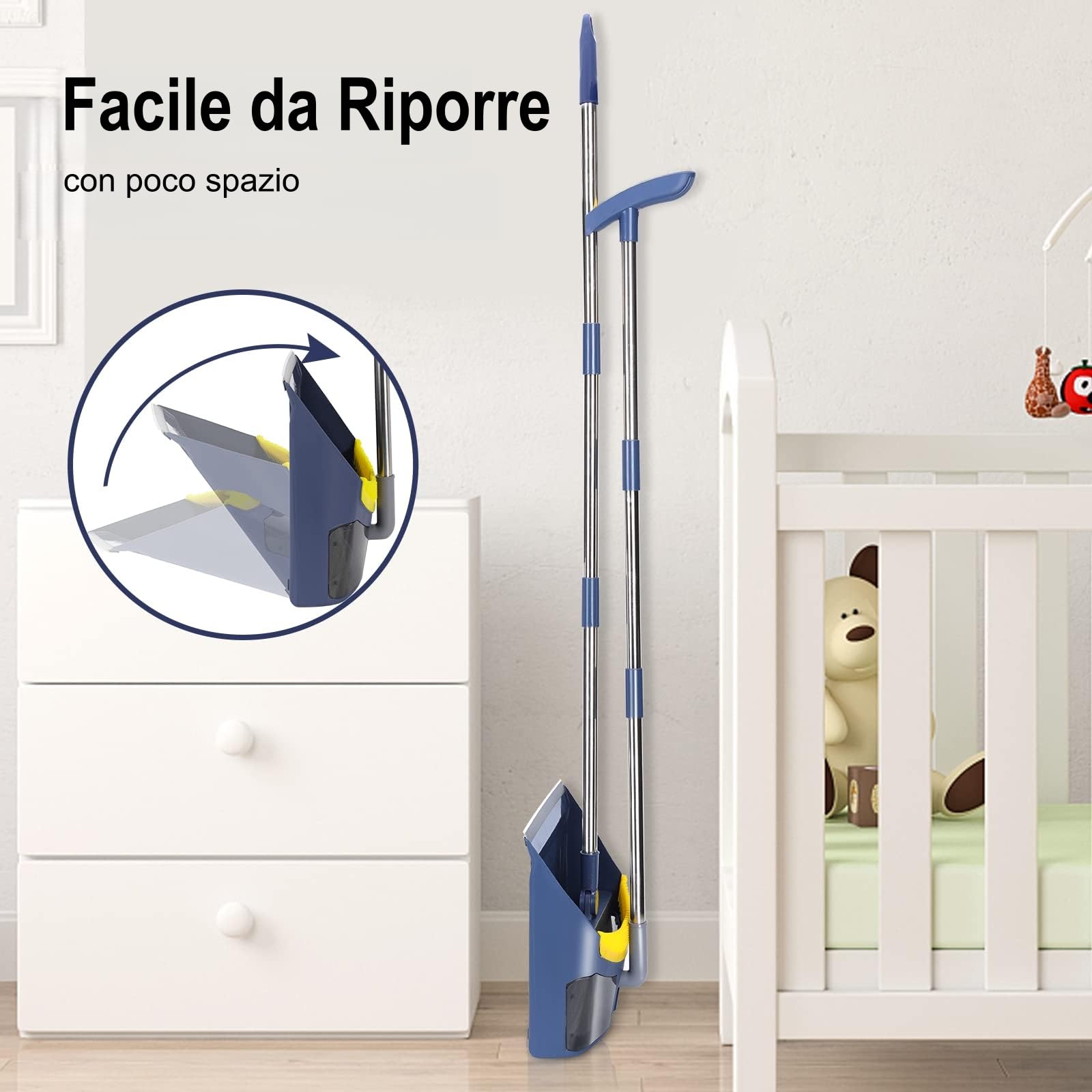 MASTERTOP Set Scopa e Paletta Salvaspazio, Paletta Verticale con Scopa Inox a Manico Lungo, Spazzola Interni e Paletta con Denti a Pettine per Pulizia di Casa, Cucina, Ufficio (Blu Scuro)