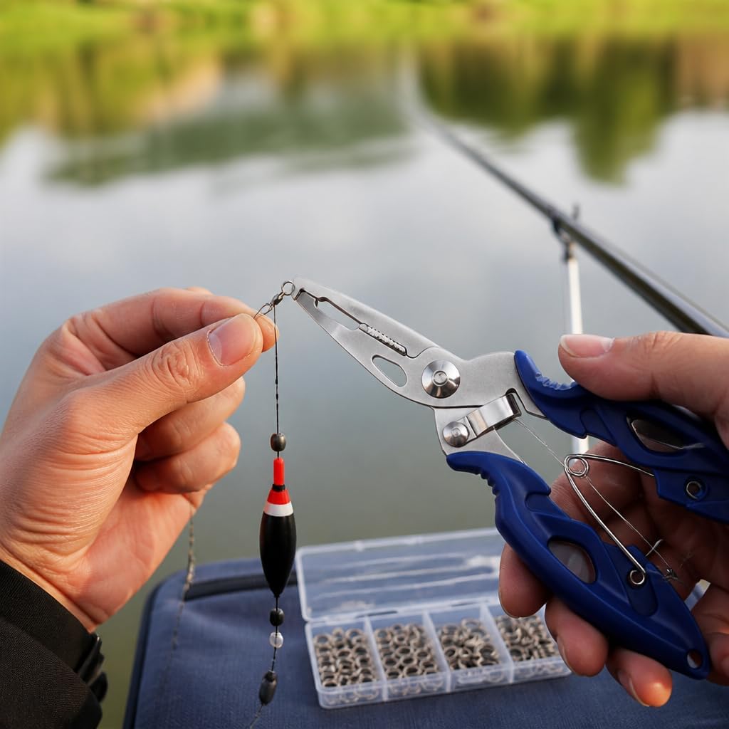 Stainless Steel Fishing Pliers with 250Pcs Split Rings Set, Lure Tackle Connector Kit for Fishing