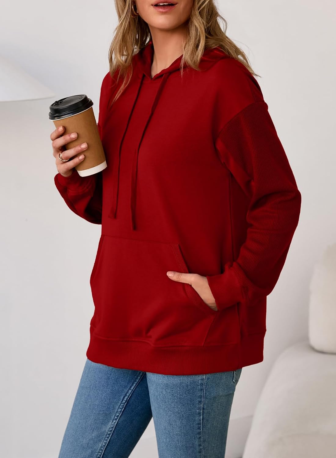 EVALESS Hoodies for Women Long Sleeve Patchwork Waffle Knit Drawstring Oversized Hooded Sweatshirt Tops Fashion 2025 - Image 2