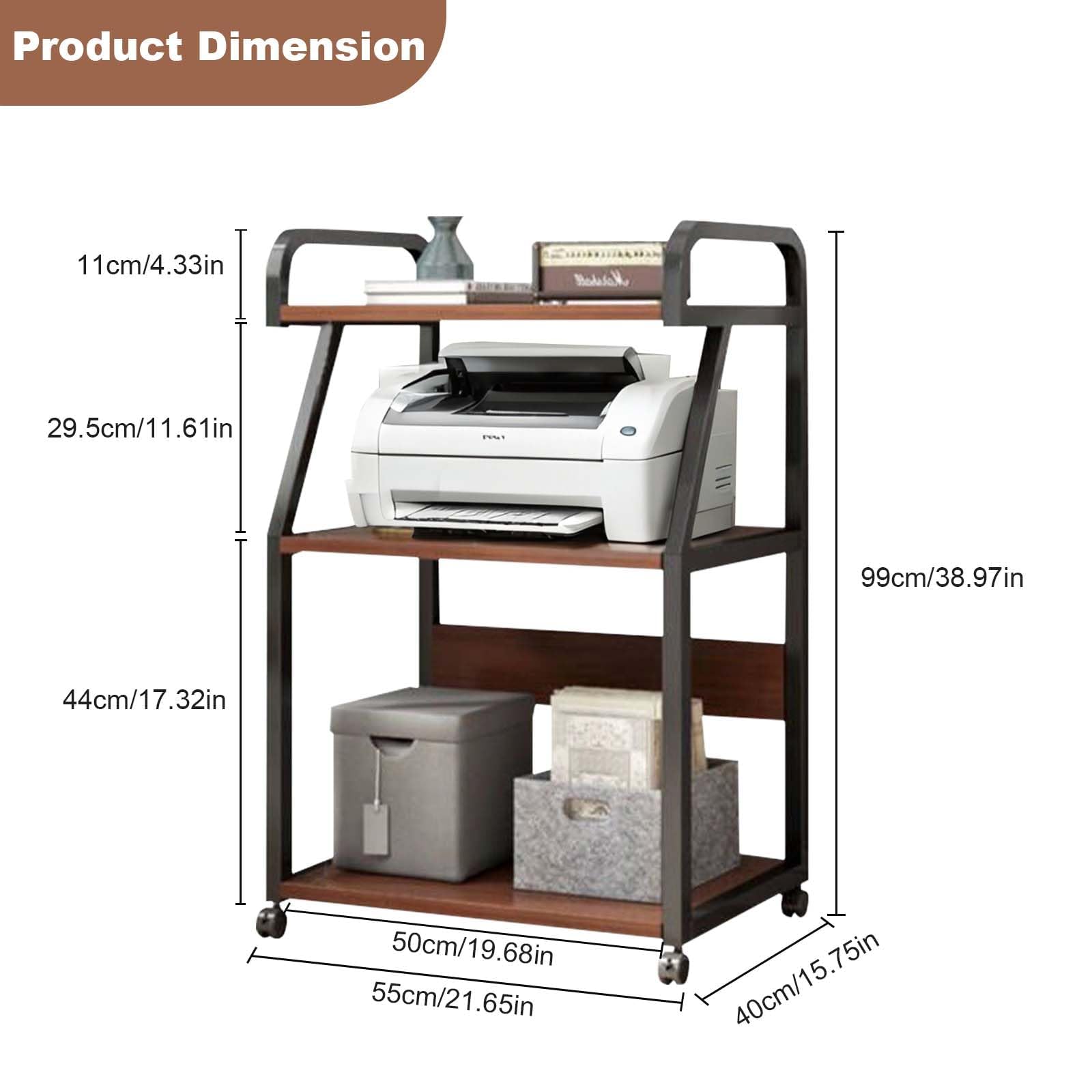 Carrito Multifuncional para Oficina con 3 Niveles - Estantes espaciosos y Ruedas bloqueables - Ideal para Impresora y Almacenamiento en casa, Escuela o clínica - Color Nogal Oscuro