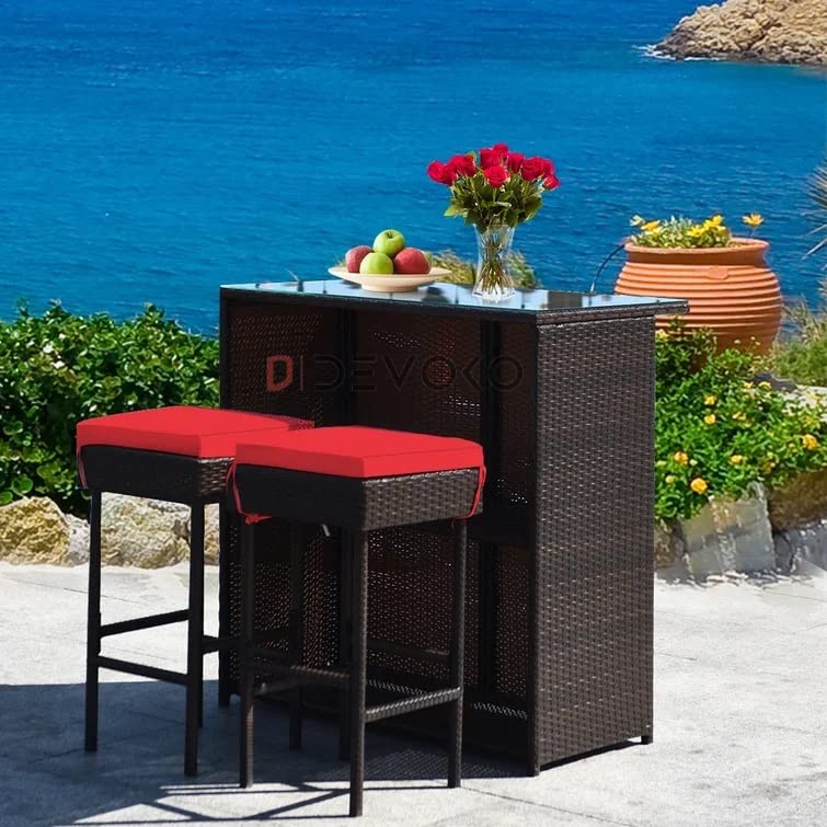 DEVOKO Patio Bar Set, 3 Piece Outdoor Rattan Wicker Bar Set with 2 Cushions Stools & Glass Top Table, Outdoor Furniture Set for Patios, Backyards, Porches, Gardens, Poolside (Dark Brown & Red)