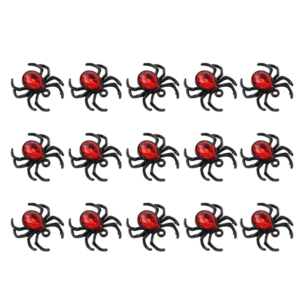 Ximimark 15pcs Blood Red Spider Gothic Pendants - Mosaic Artificial Crystal, Zinc Alloy, Punk Style, No Plating, Animal Shape, Black Color, Halloween