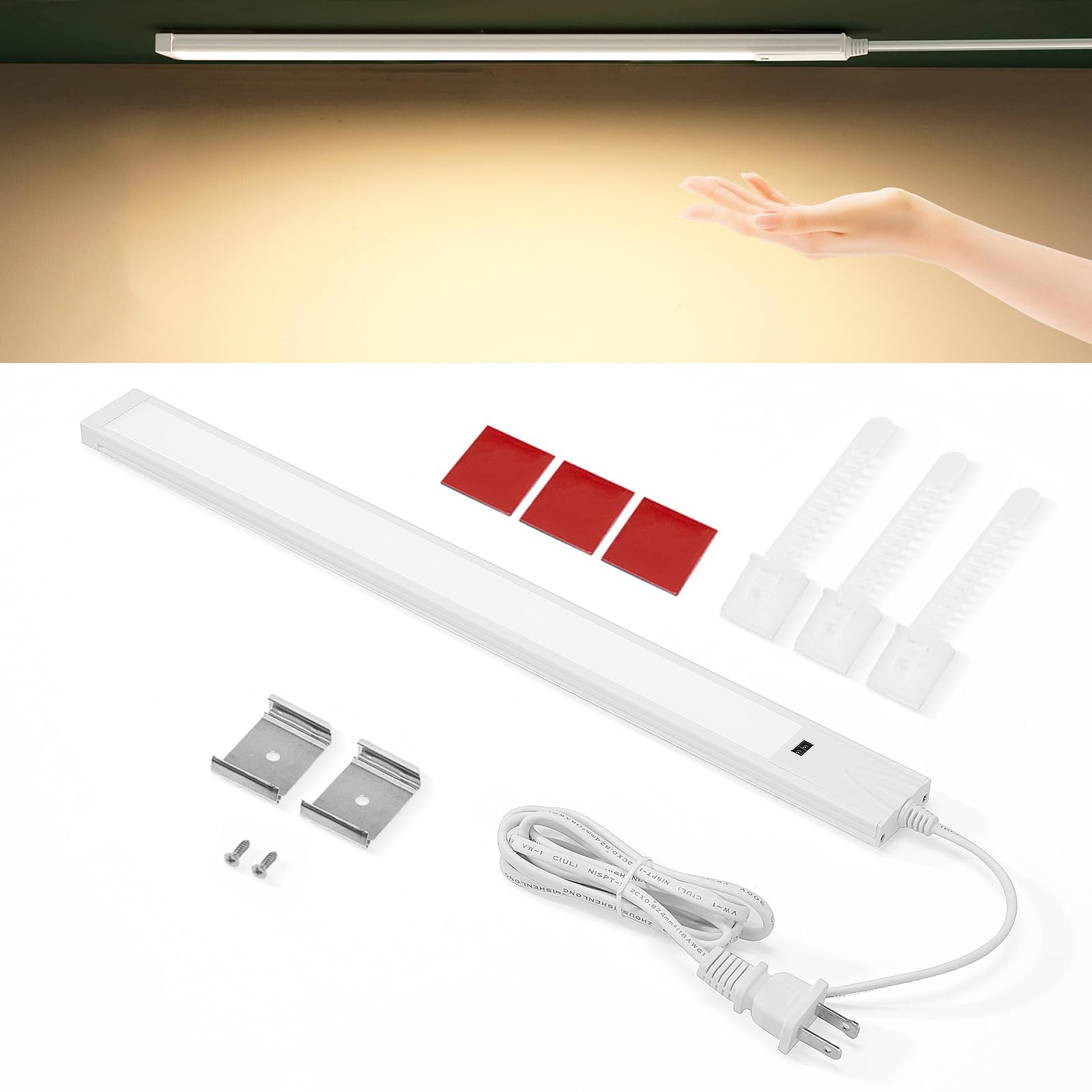 Bangnics Under Cabinet Light 16 Inch Plug in 110VAC. Hand Wave Activated. 8W LED Light Bar. Bright but Dimmable. Light Color Adjustable. For Kitchen Under Cabinets, Counter, Over Sink Closet Workbench