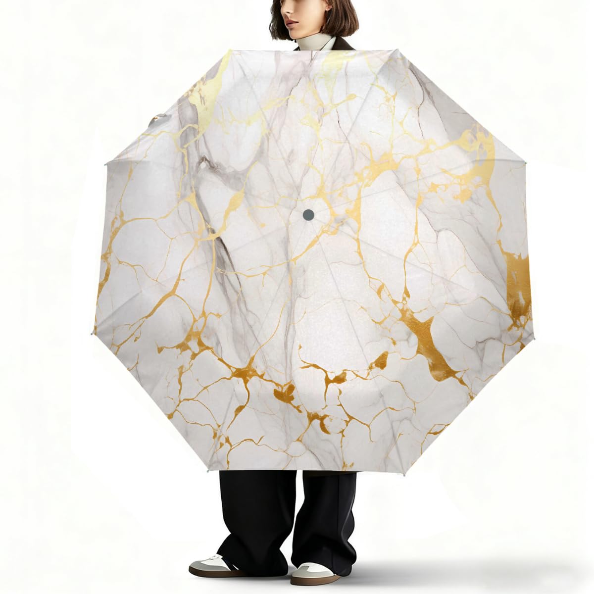 Ombrello pieghevole con stampa marmorizzata oro bianco ombrello da viaggio compatto antivento impermeabile con protezione UV rivestimento nero leggero 8 coste portatile per pioggia sole