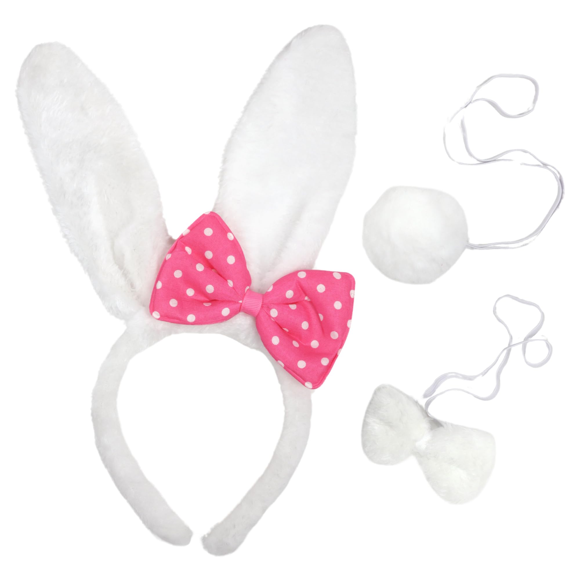 Needzo Easter Bunny Costume Accessories, Headband, Bowtie and Cottontail, White and Pink Dress Up Party Supplies, 3 Pieces