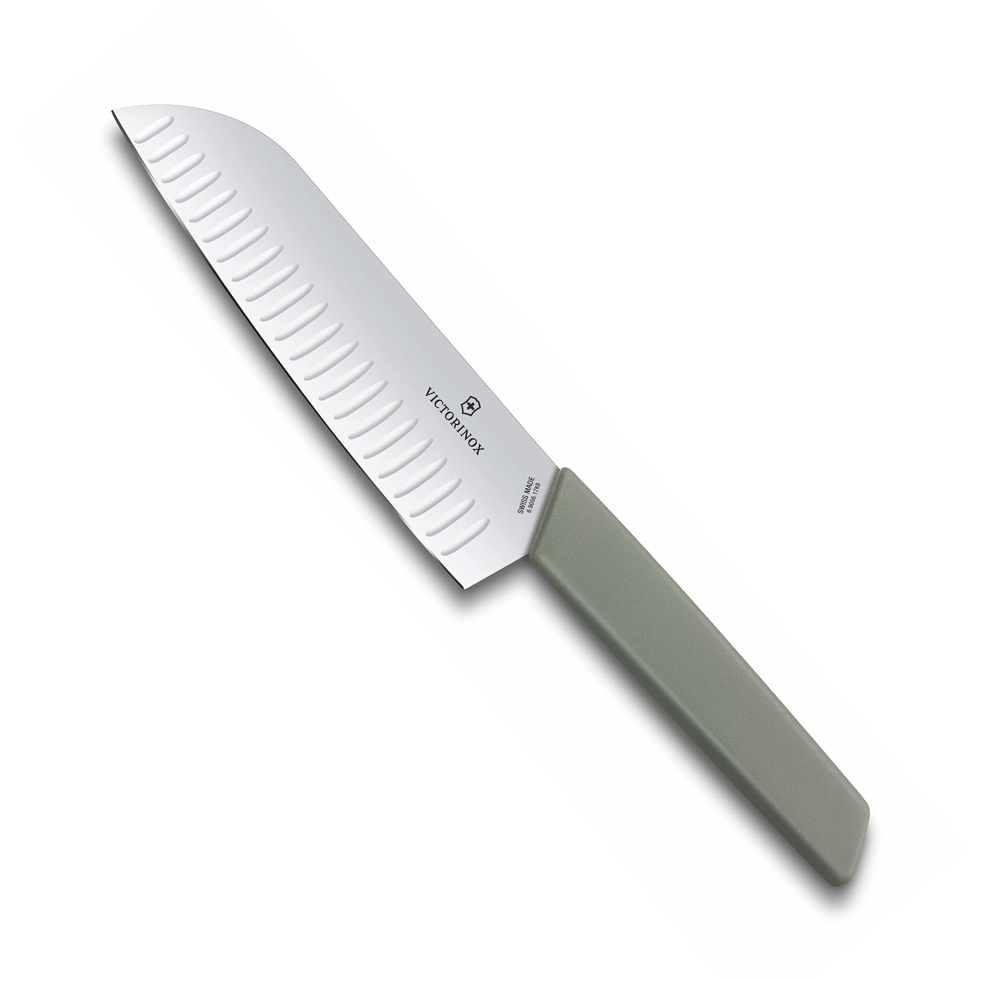 Swiss Modern, Santoku Knife, Extra Sharp Blade, Fluted Edge, 17 cm, Plastic Handle, Stainless Steel, Olive Green