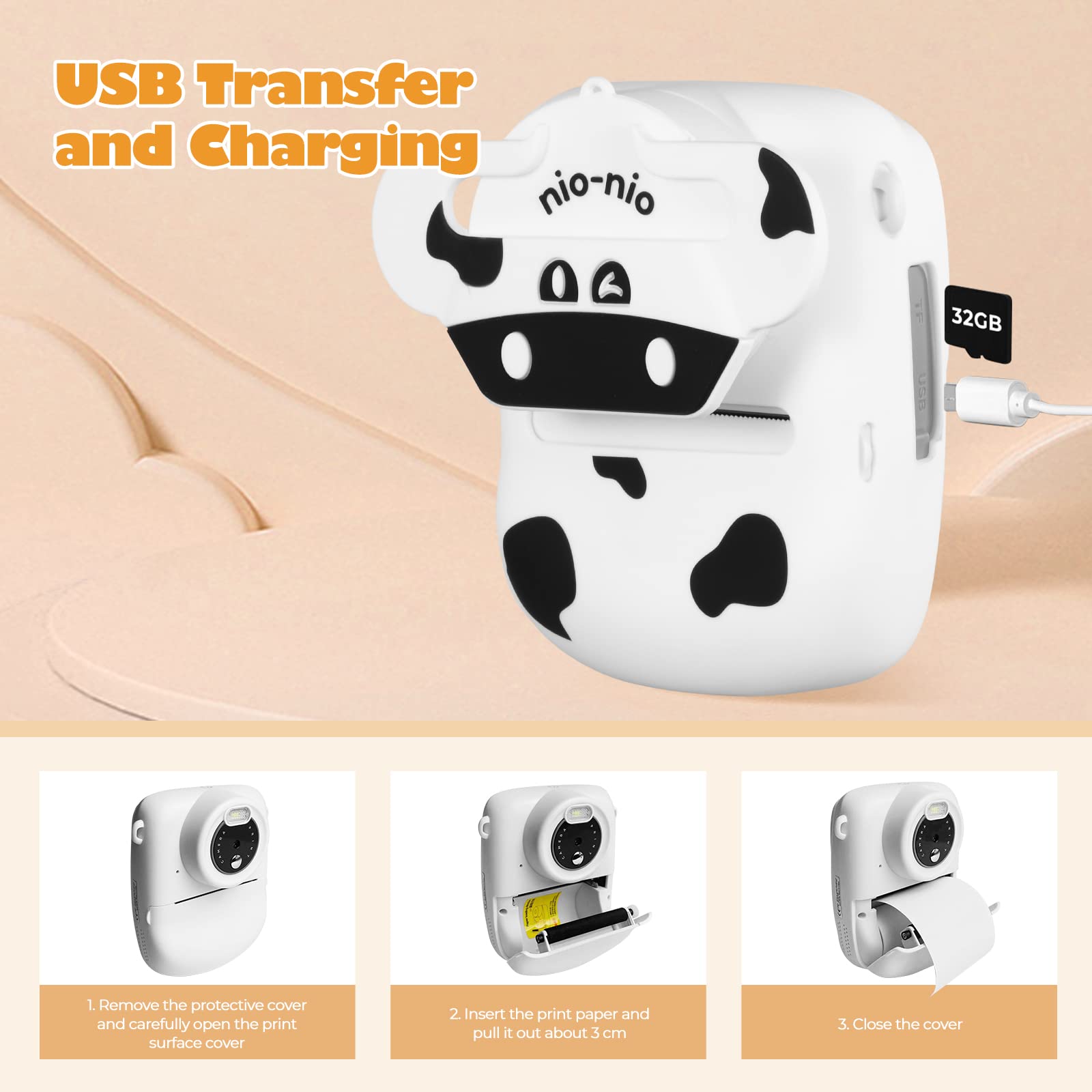 Fotocamera per Bambini, 30 MP, Doppia Fotocamera, Stampa in Bianco e Nero, Schermo da 2,4 Pollici, Scheda TF da 32 GB, Bianca