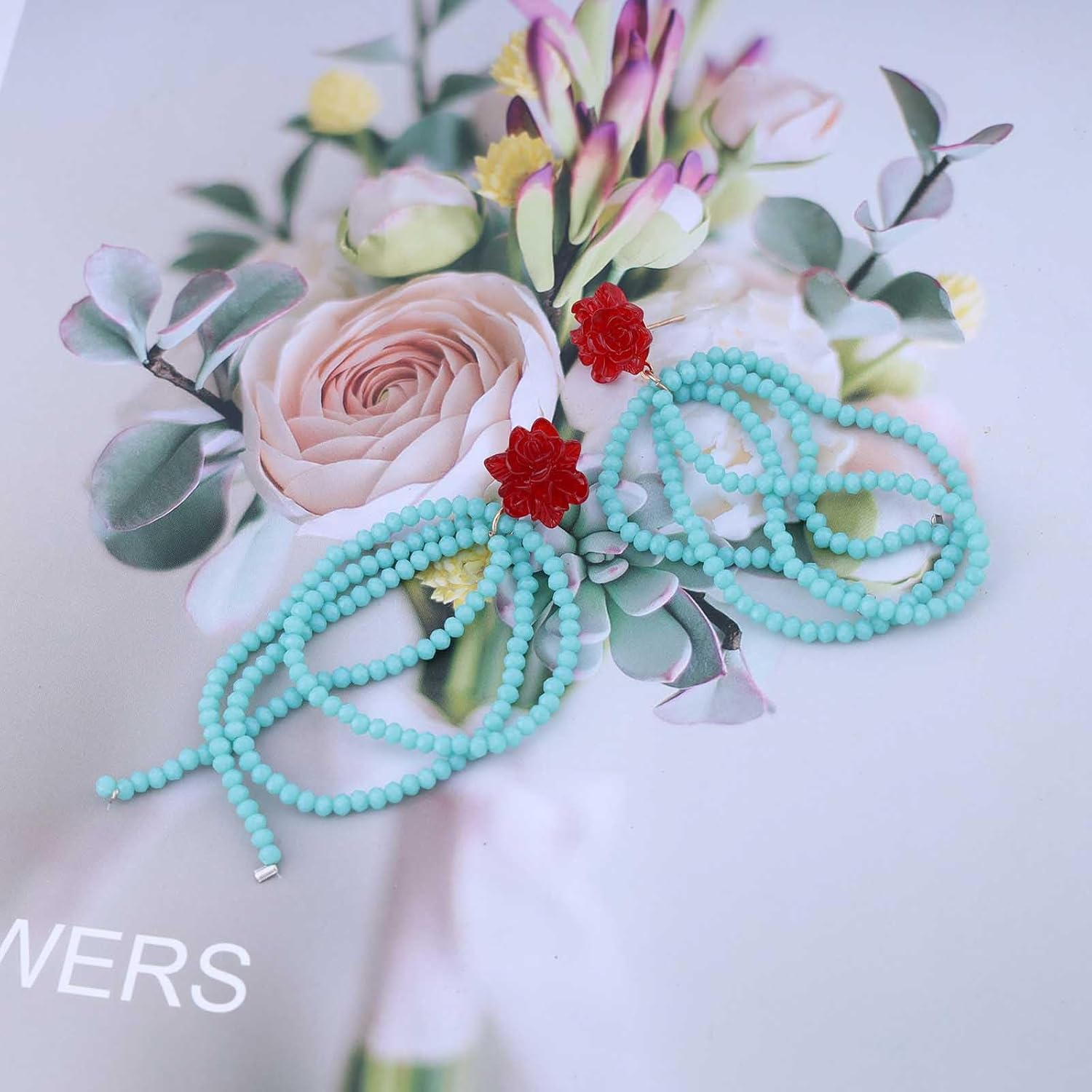 Boho Beaded Tassel Earrings Red Rose Earrings Seed Bead Dangle Earrings Long Blue Bead Drop Earrings Resin Flower Stud Earrings Jewelry for Women - Image 5
