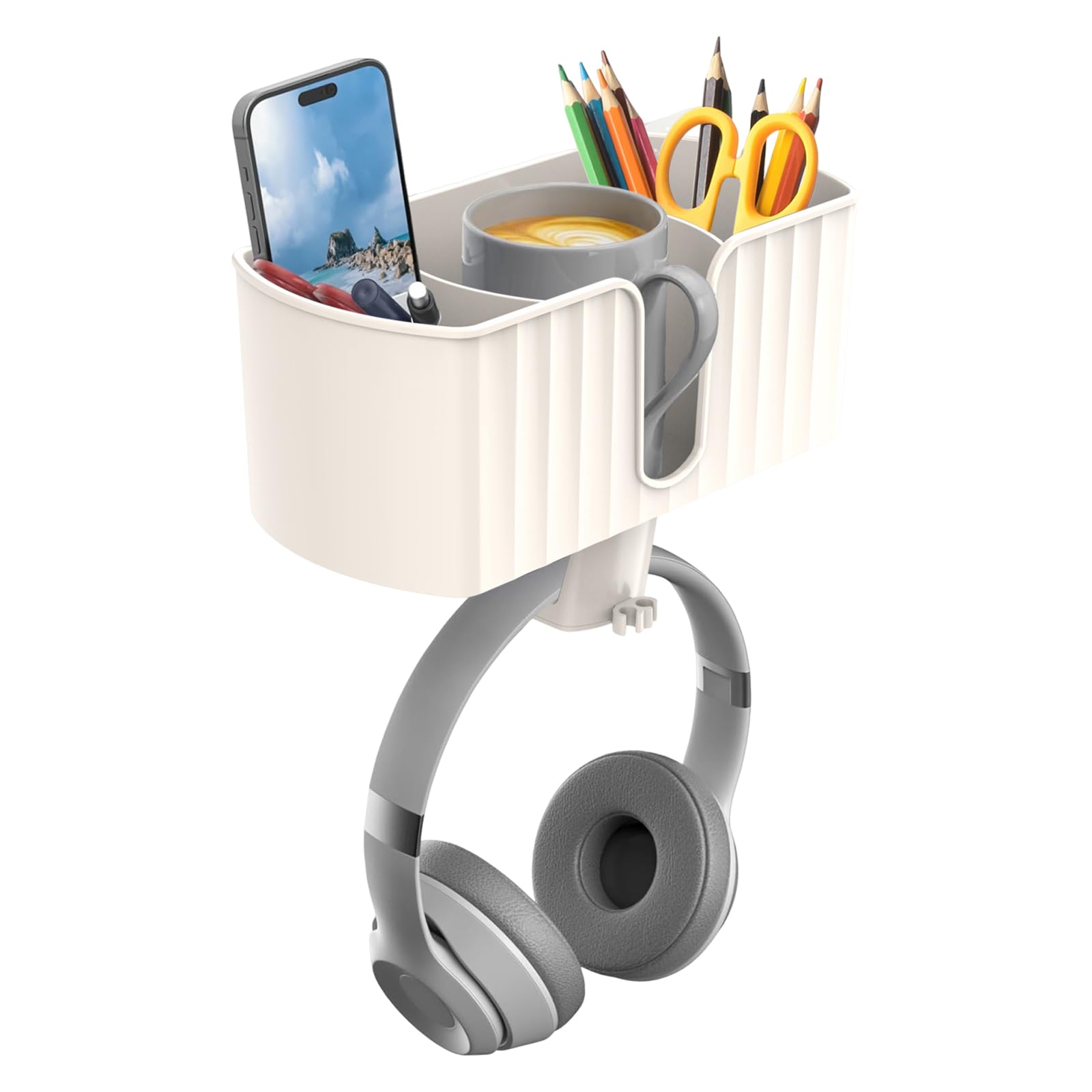 4 in 1 Clamp-On Desk Cup Holder with 2 Wire Holes Rotating Headphone Hanger Desktop Organizer for Cups Phones Pens